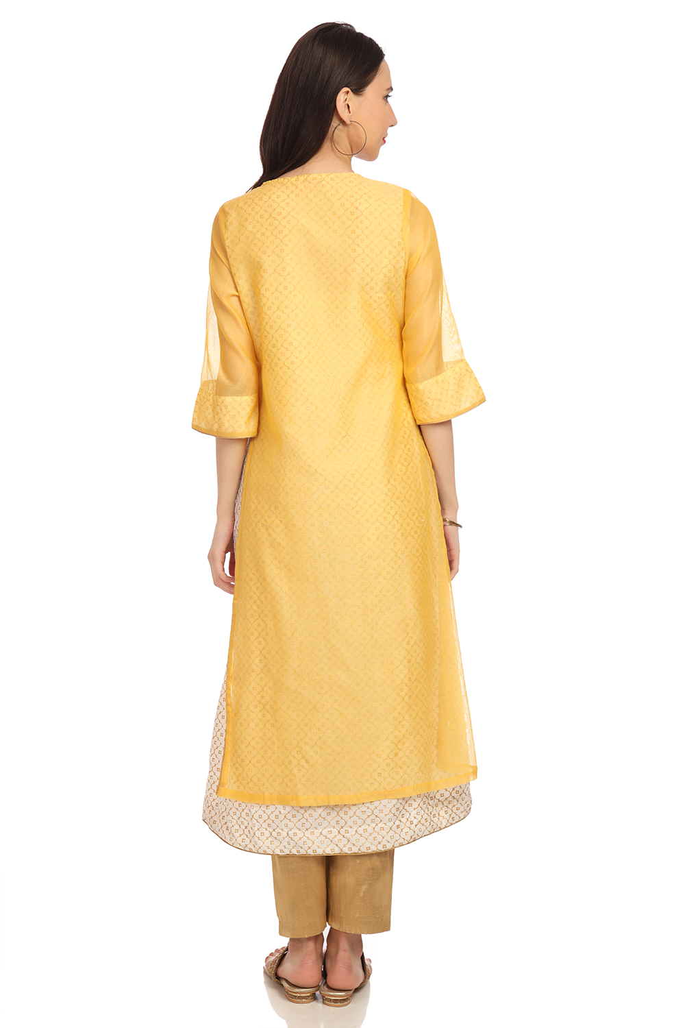 Yellow A-Line Art Silk Yarndyed Kurta image number 4