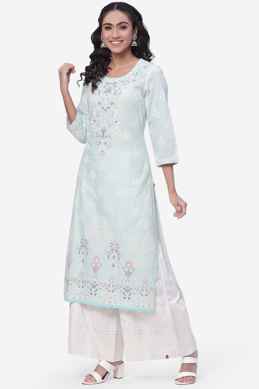 Aqua Blue Cotton Straight Suit Set image number 3