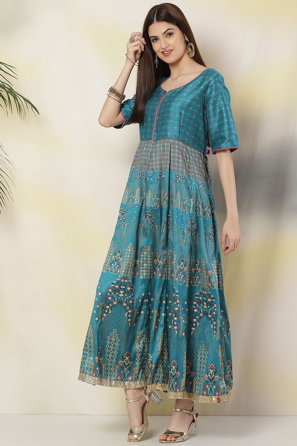 Turquoise Anarkali Art Silk Printed Kurta image number 3