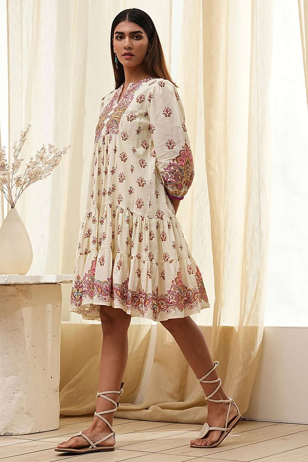 Beige Cotton Printed Tiered Dress image number 2