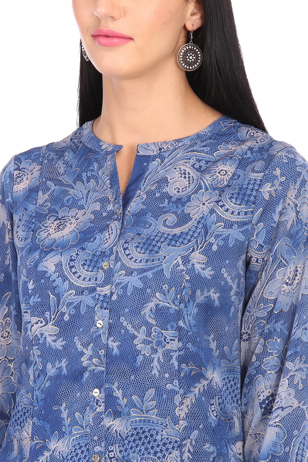 Blue A-Line Art Silk Printed Kurta image number 1