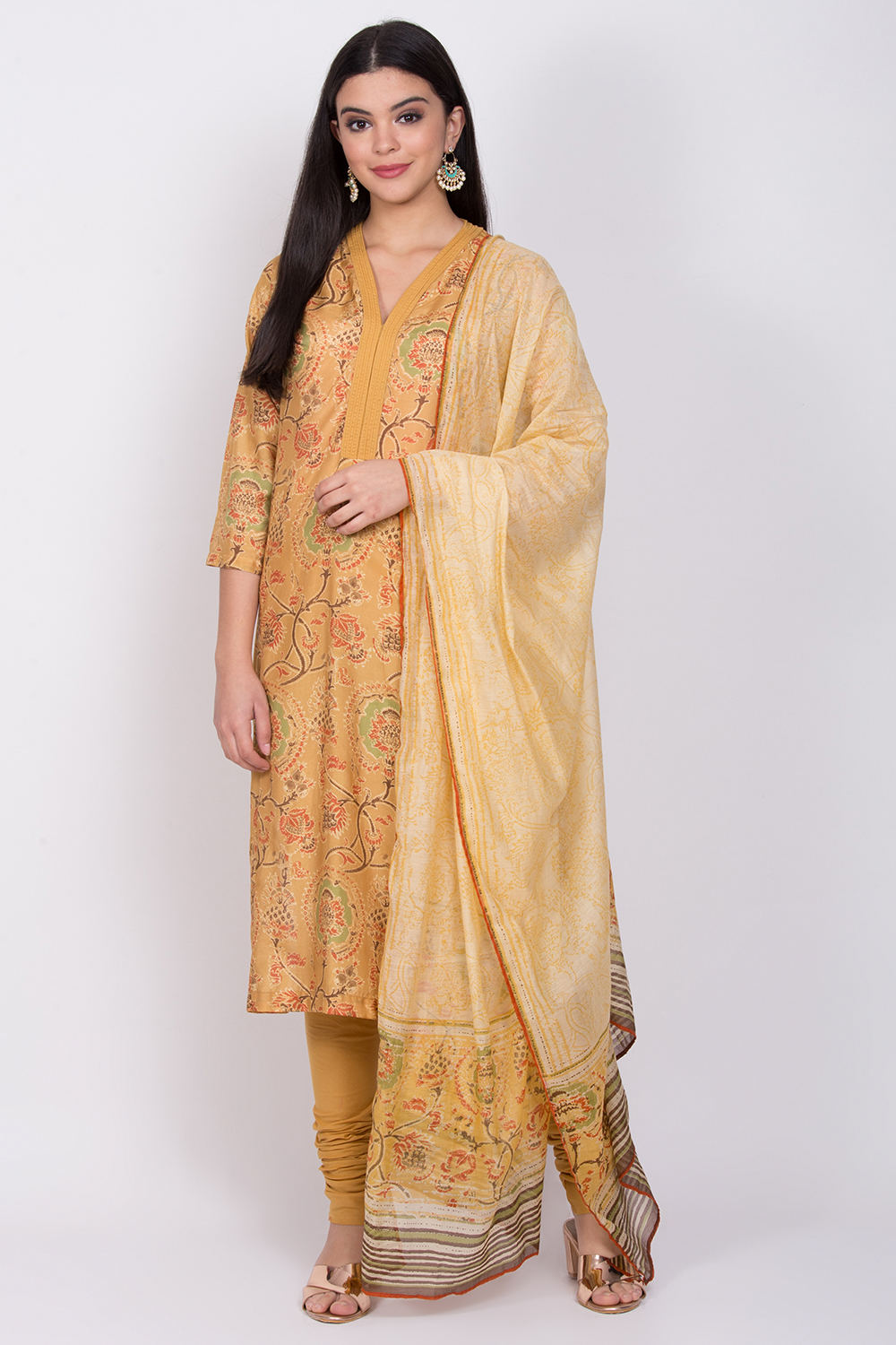 Yellow Cotton A-Line Kurta Churidar Suit Set image number 0