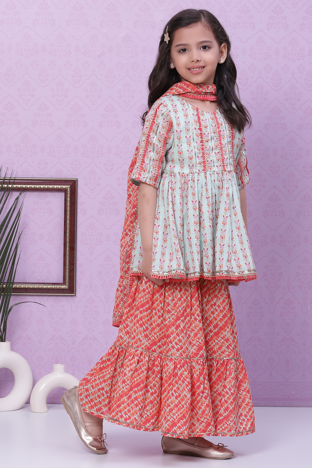 Aqua & Coral Cotton Printed Kurta Garara Suit Set image number 6