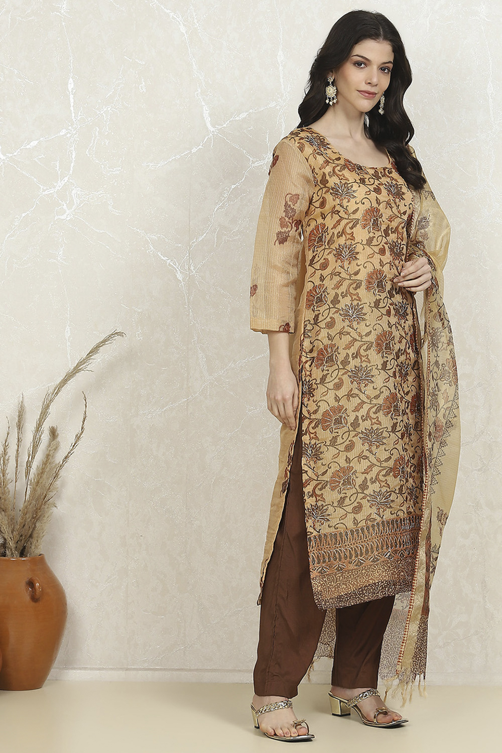 Rust Tissue Machine Embroidered Unstitched Suit Set image number 6