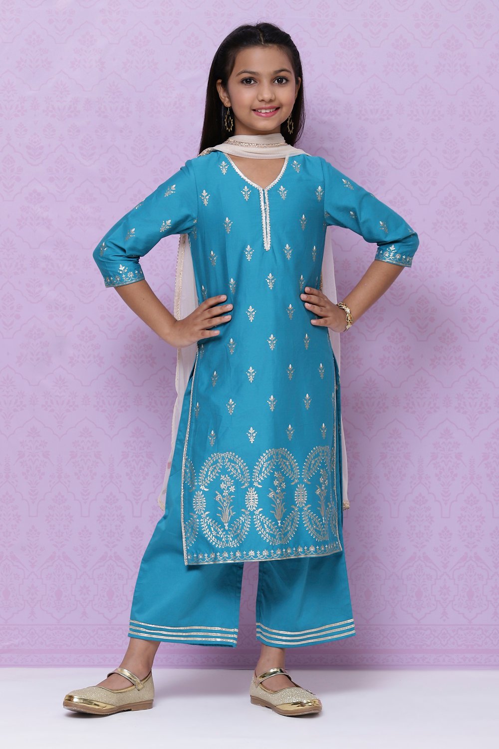 Teal Cotton Girls Straight Straight Kurta Palazzo Suit Set image number 4