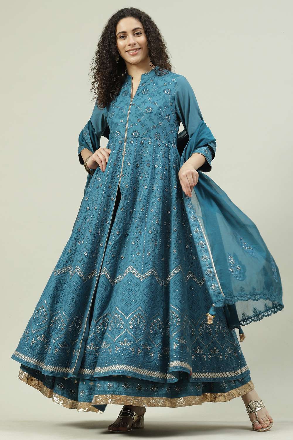 Teal Art Silk Anarkali Kurta Skirt Suit Set image number 7