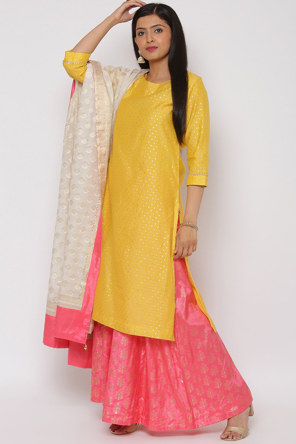 Yellow Poly Cotton Kurta Sharara Suit Set image number 4