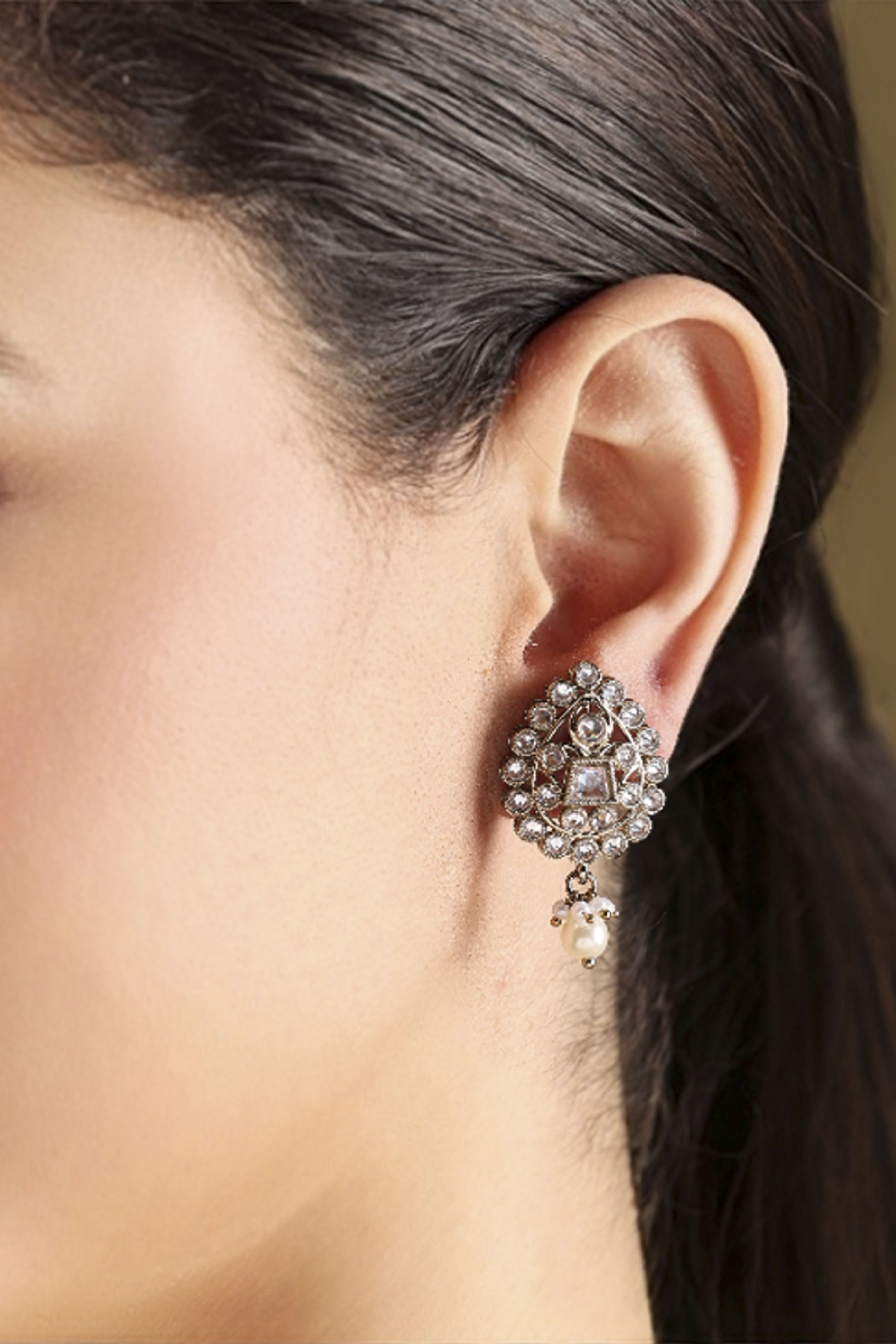 Silver Toned Gold Plated Brass Studded Drop Earrings image number 1