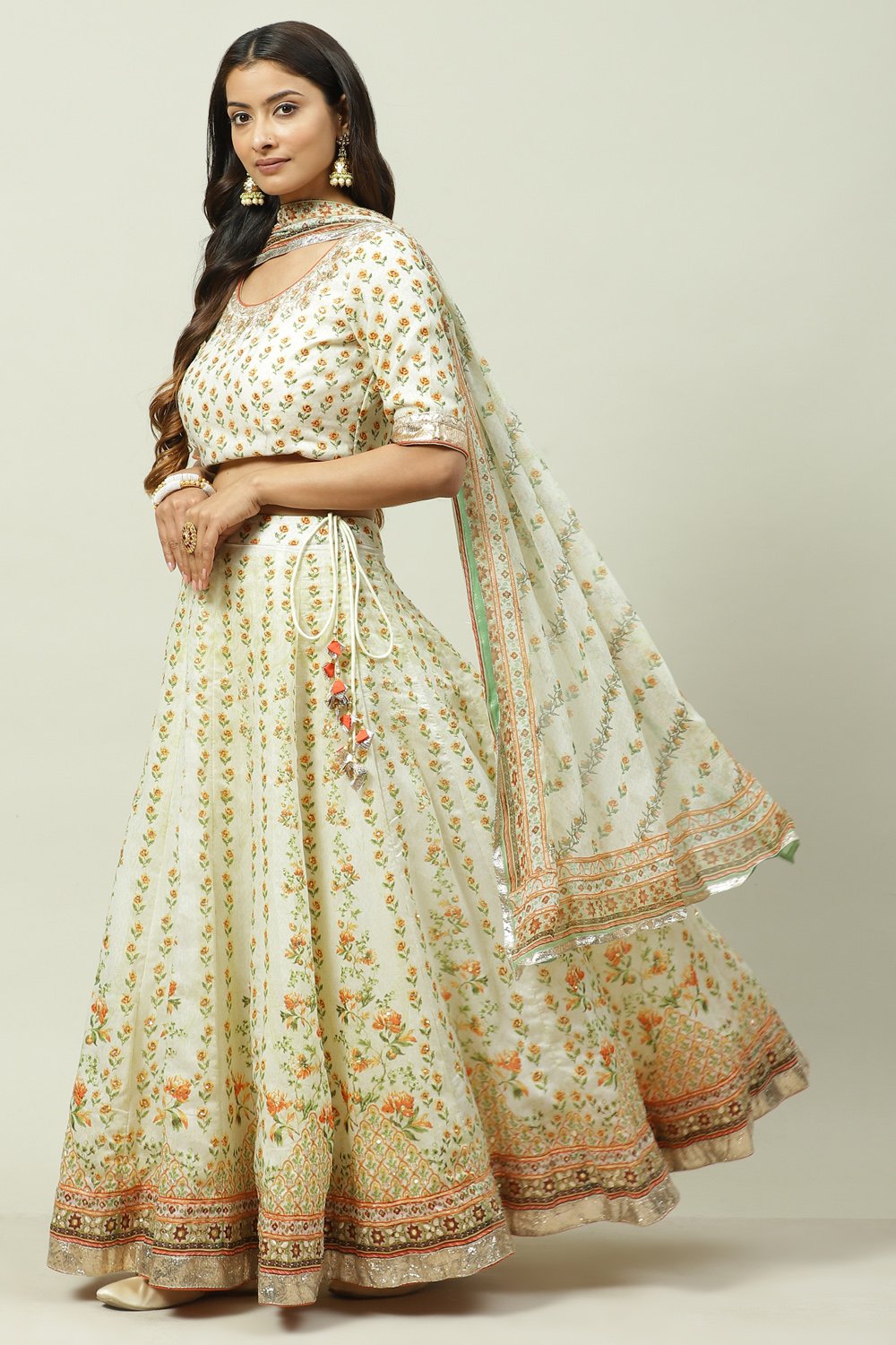 Cream Art Silk Lehenga Set image number 5