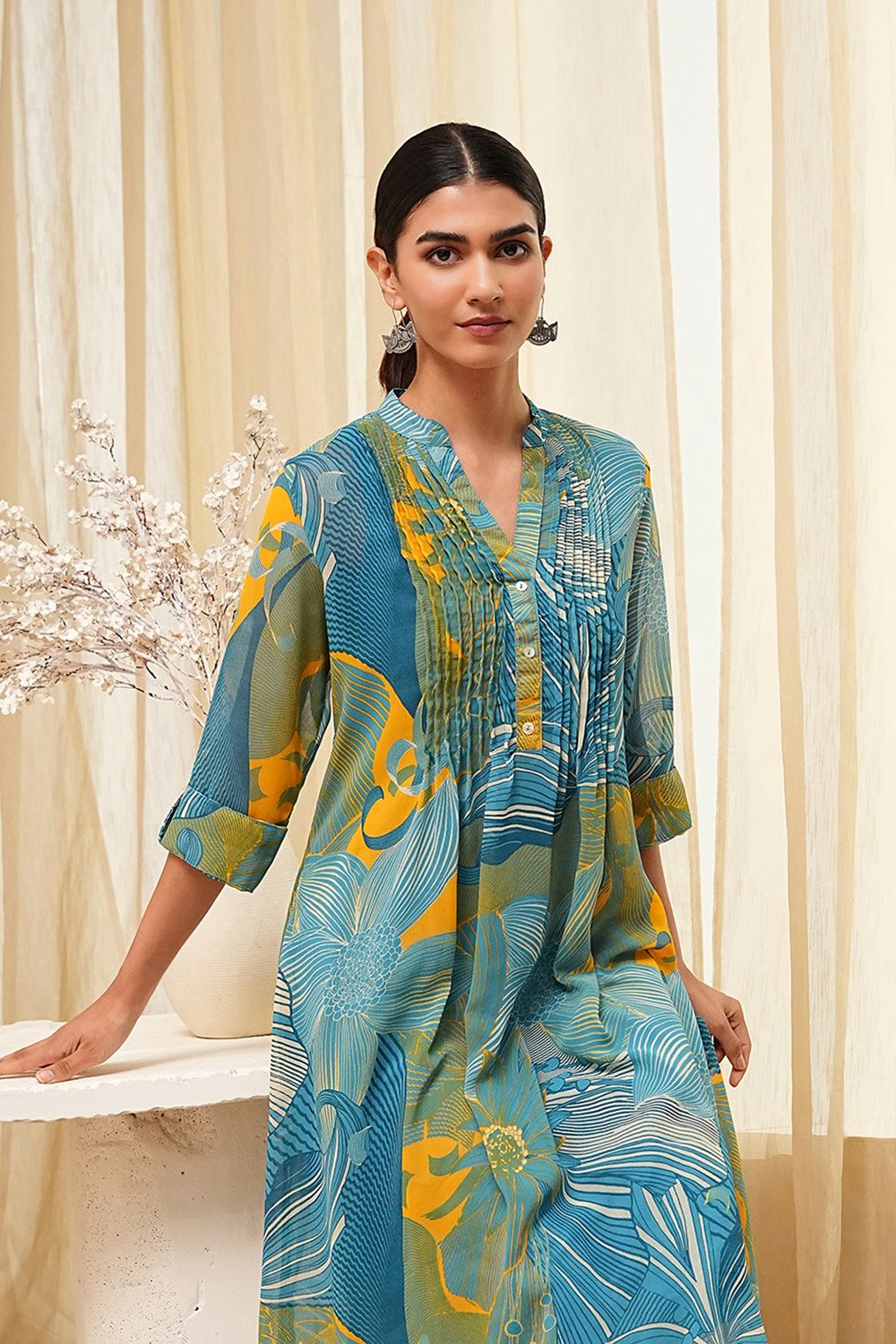 Blue Printed Pleated A-Line Kurta image number 6