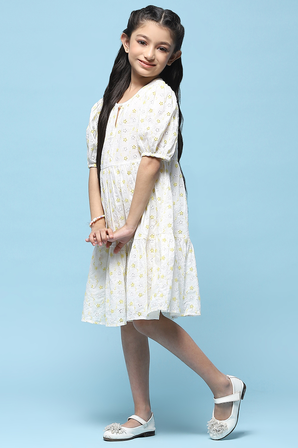 White Tiered Schiffli Cotton Dress image number 2