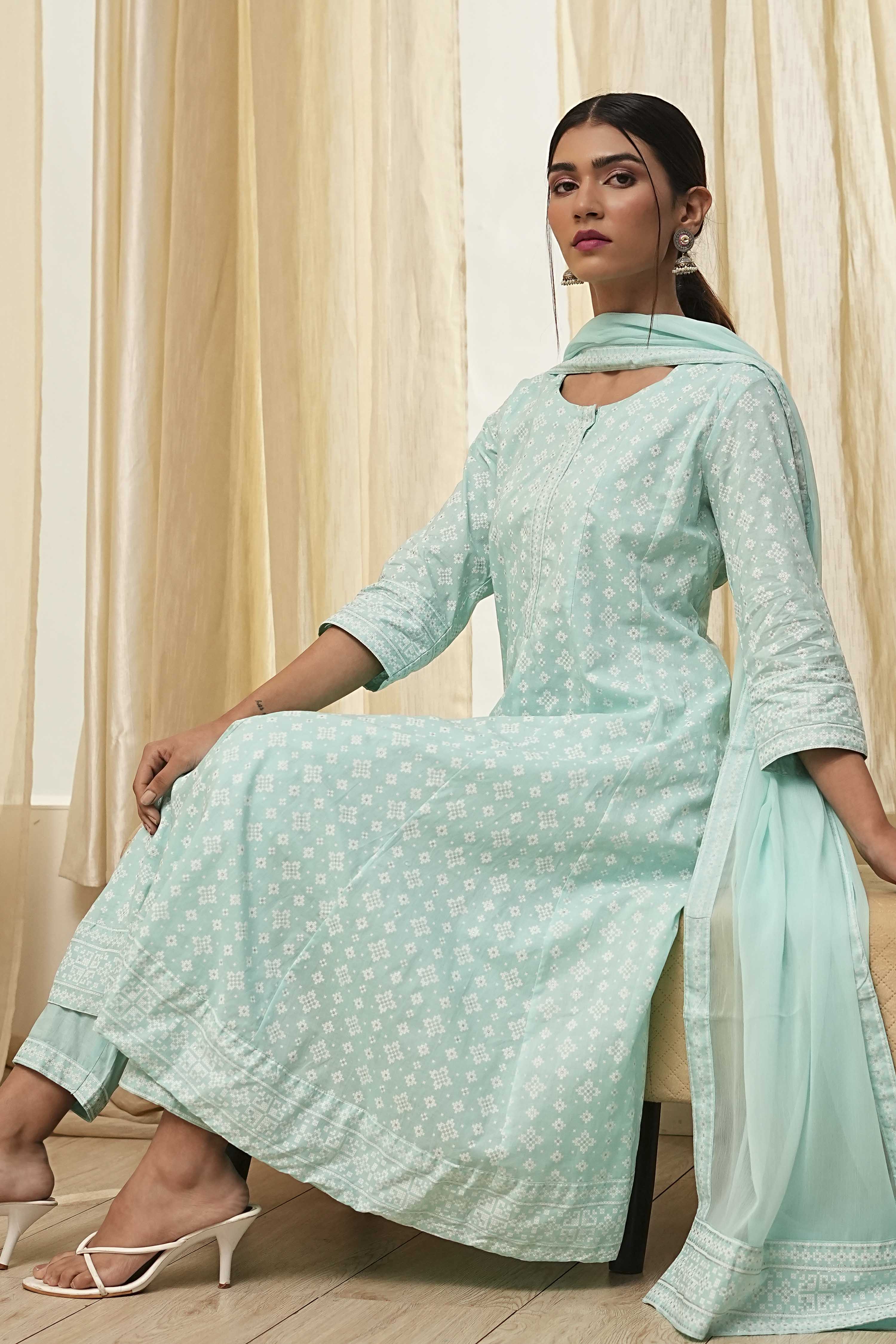 Aqua Pure Cotton Printed Kalidar Suit Set image number 0