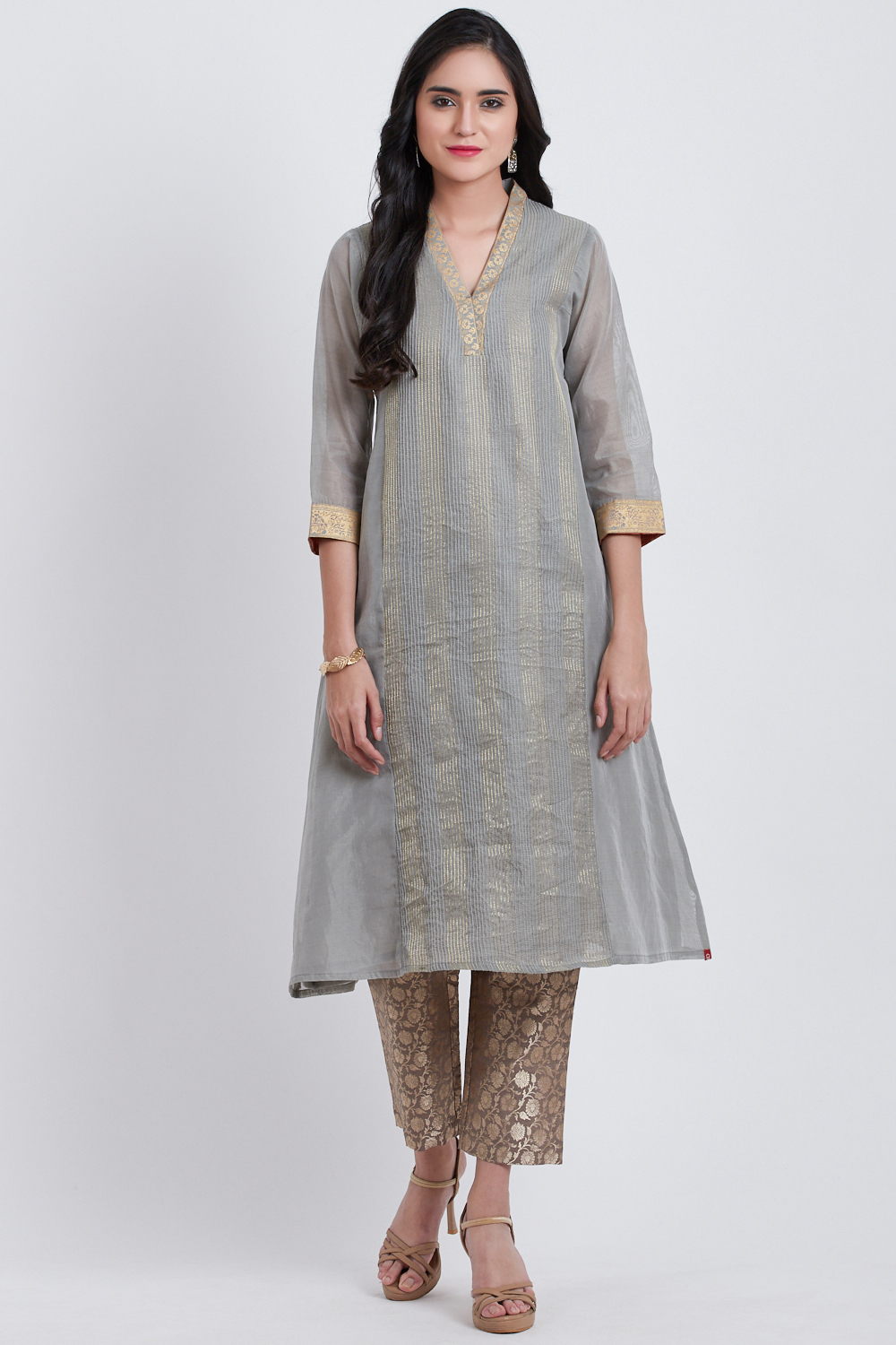 Light Green Poly Cotton Flared Yarndyed Kurta image number 2