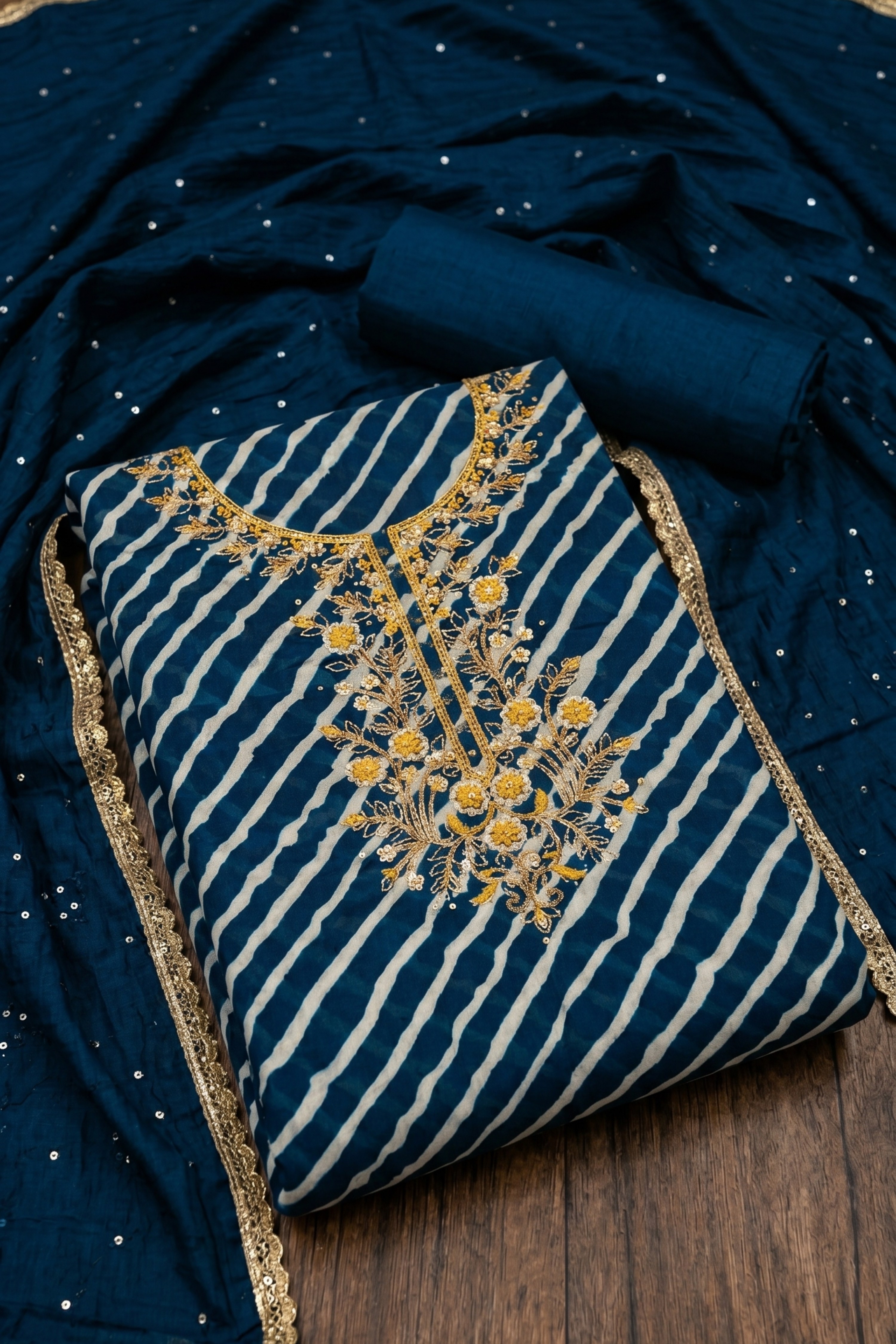 Pink Chanderi Embroidery With Rajasthani Lehriya Print Unstitched Suit Set image number 1