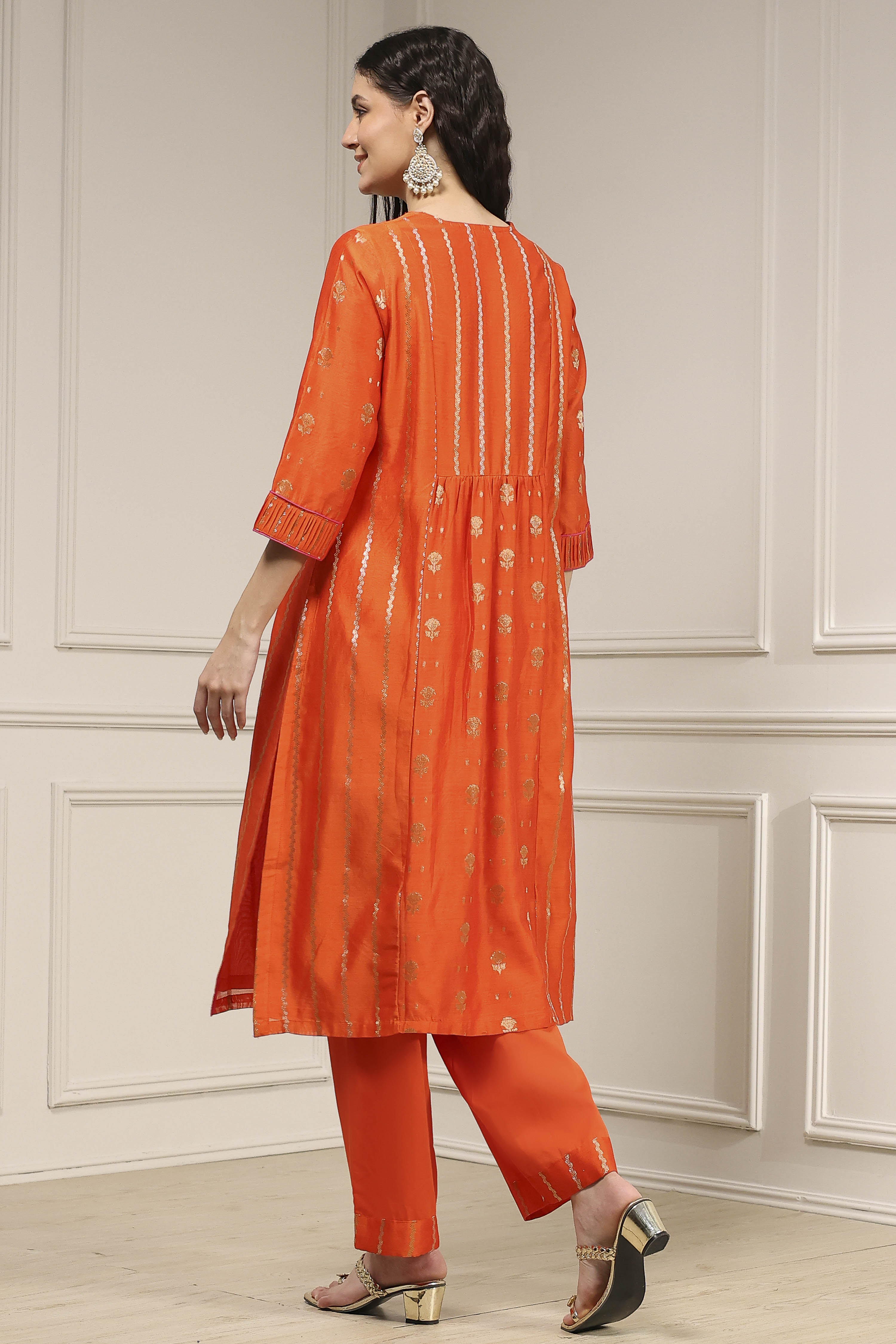 Orange Silk Straight Yarndyed Suit Set image number 4
