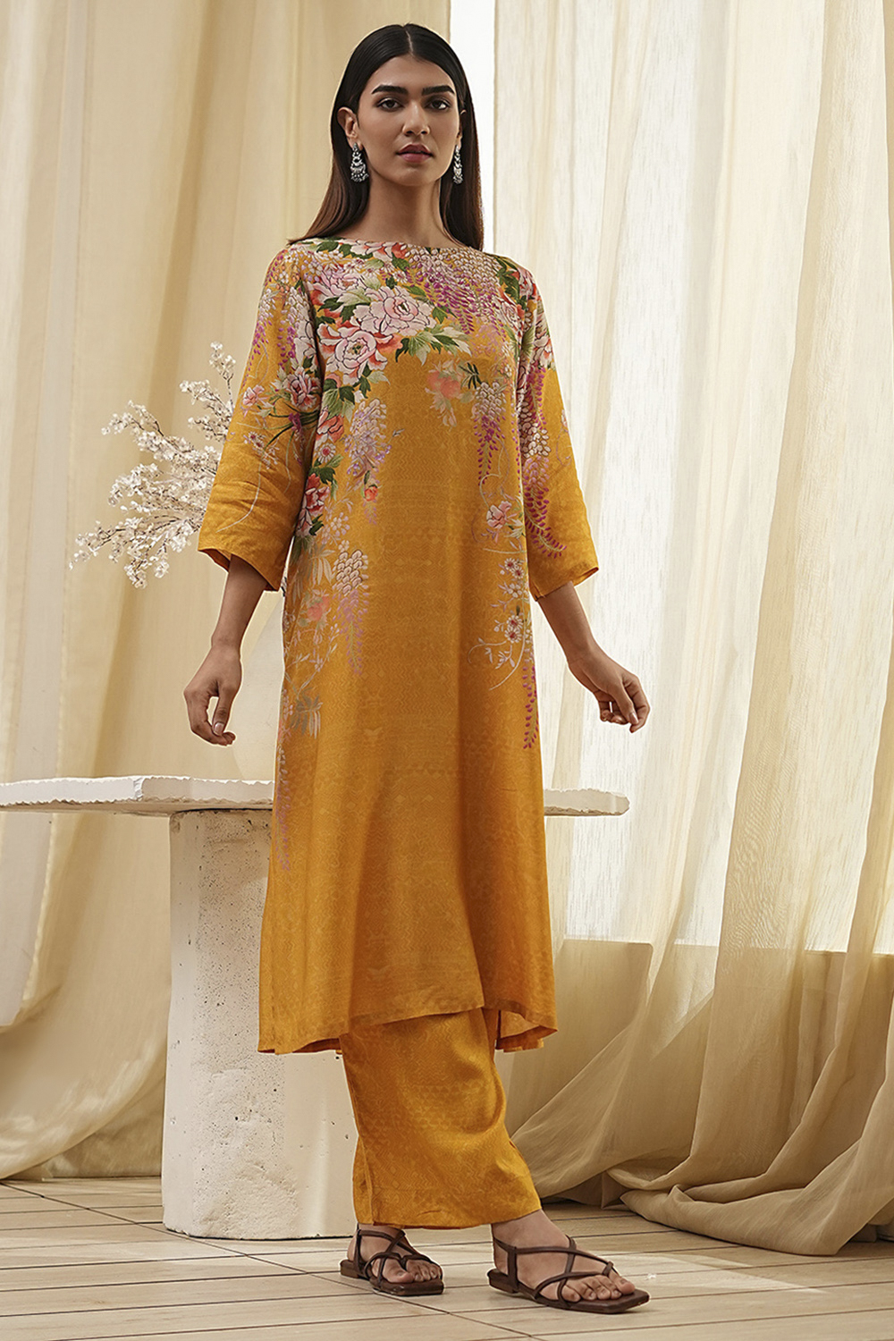 Mustard Yellow Floral Straight Kurta Set image number 0
