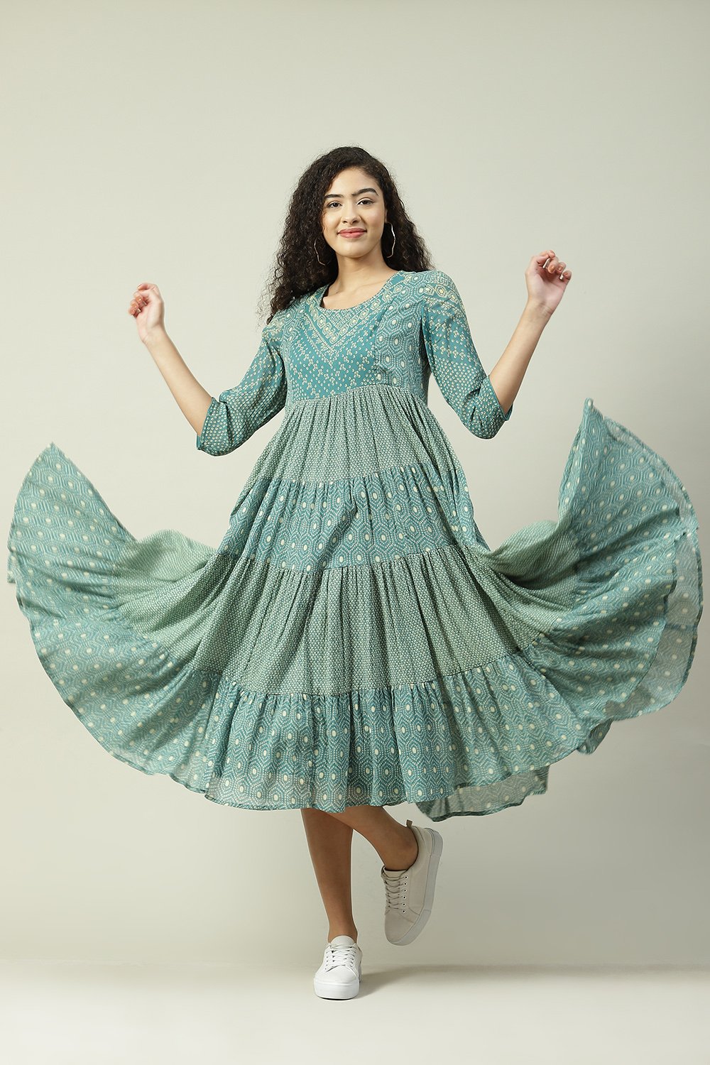 Teal Cotton Flared Fusion Printed Dress image number 5