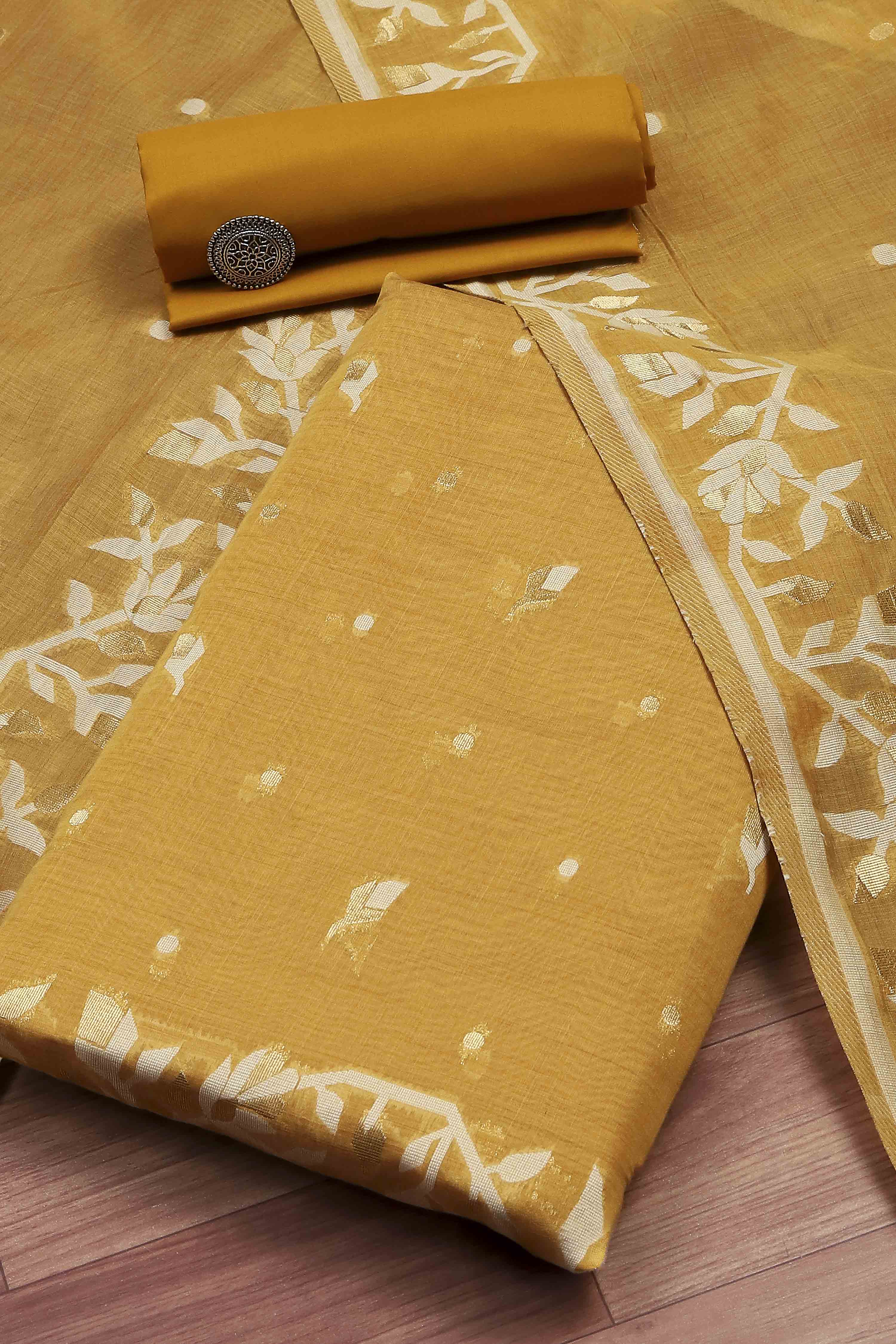 Green Cotton Jamdani Unstitched Suit Set image number 0