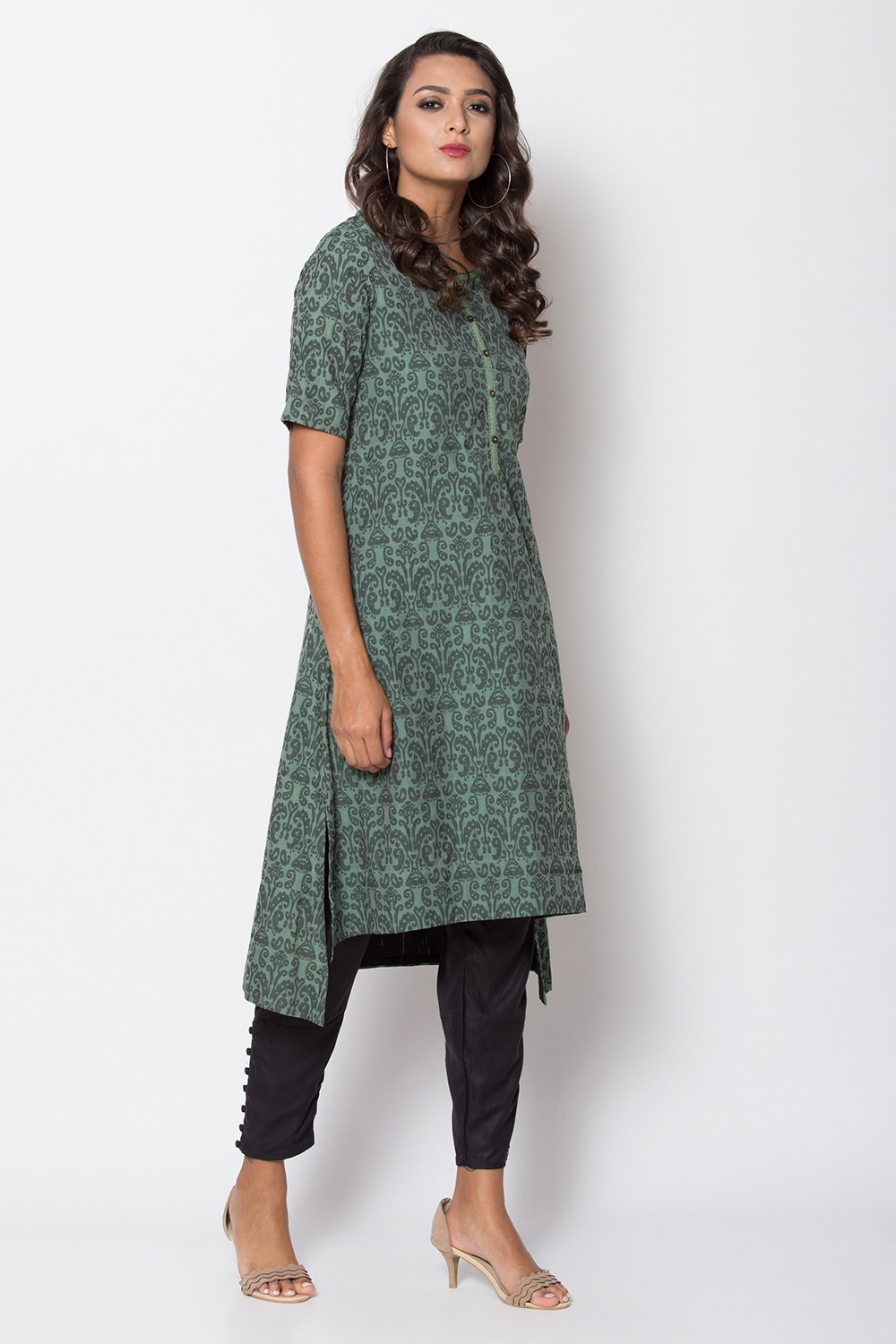 Green Cotton A-Line Yarndyed Kurta image number 0