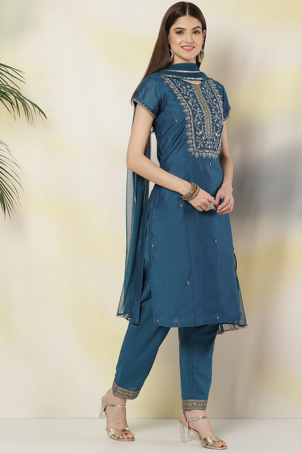 Black Art Silk Straight Kurta Slim Pant Suit Set