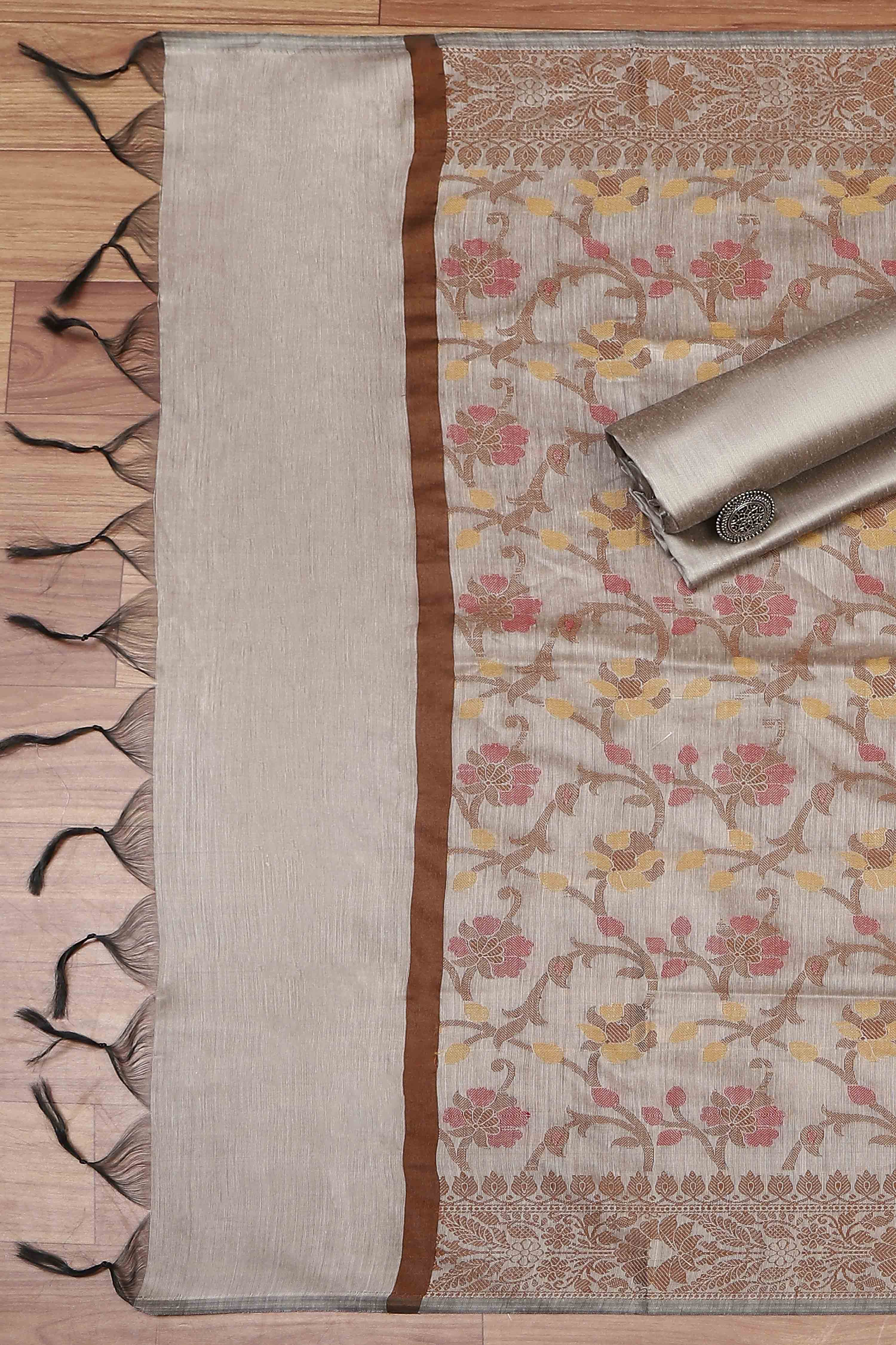 Grey Cotton Printed Embroidered Unstitched Suit Set image number 3
