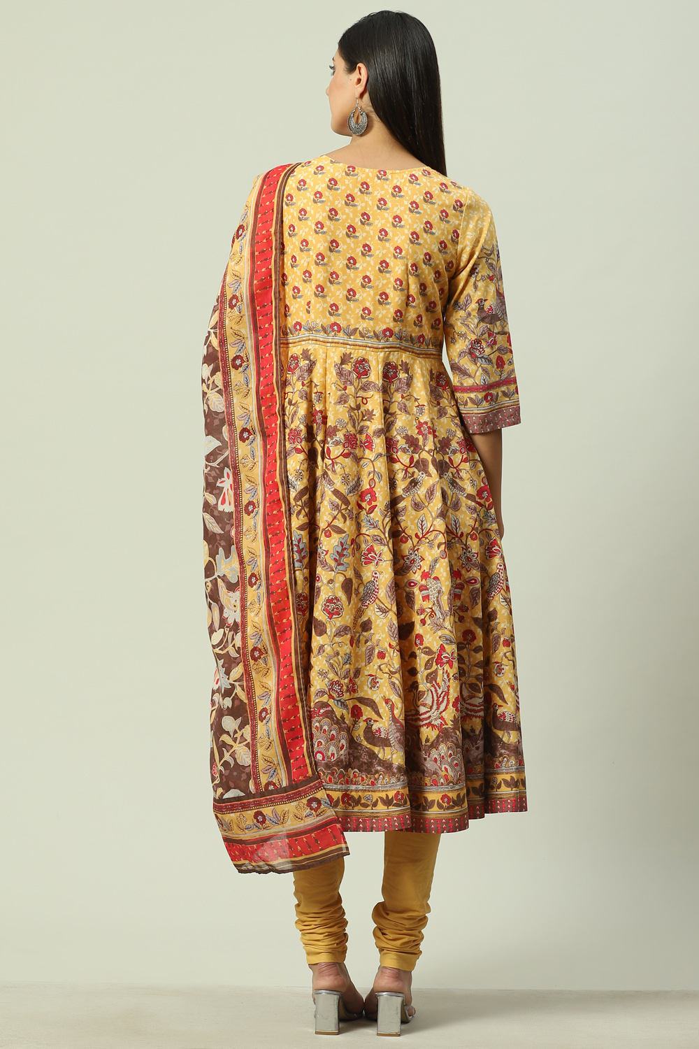 Beige Cotton Anarkali Kurta Churidar Suit Set image number 4