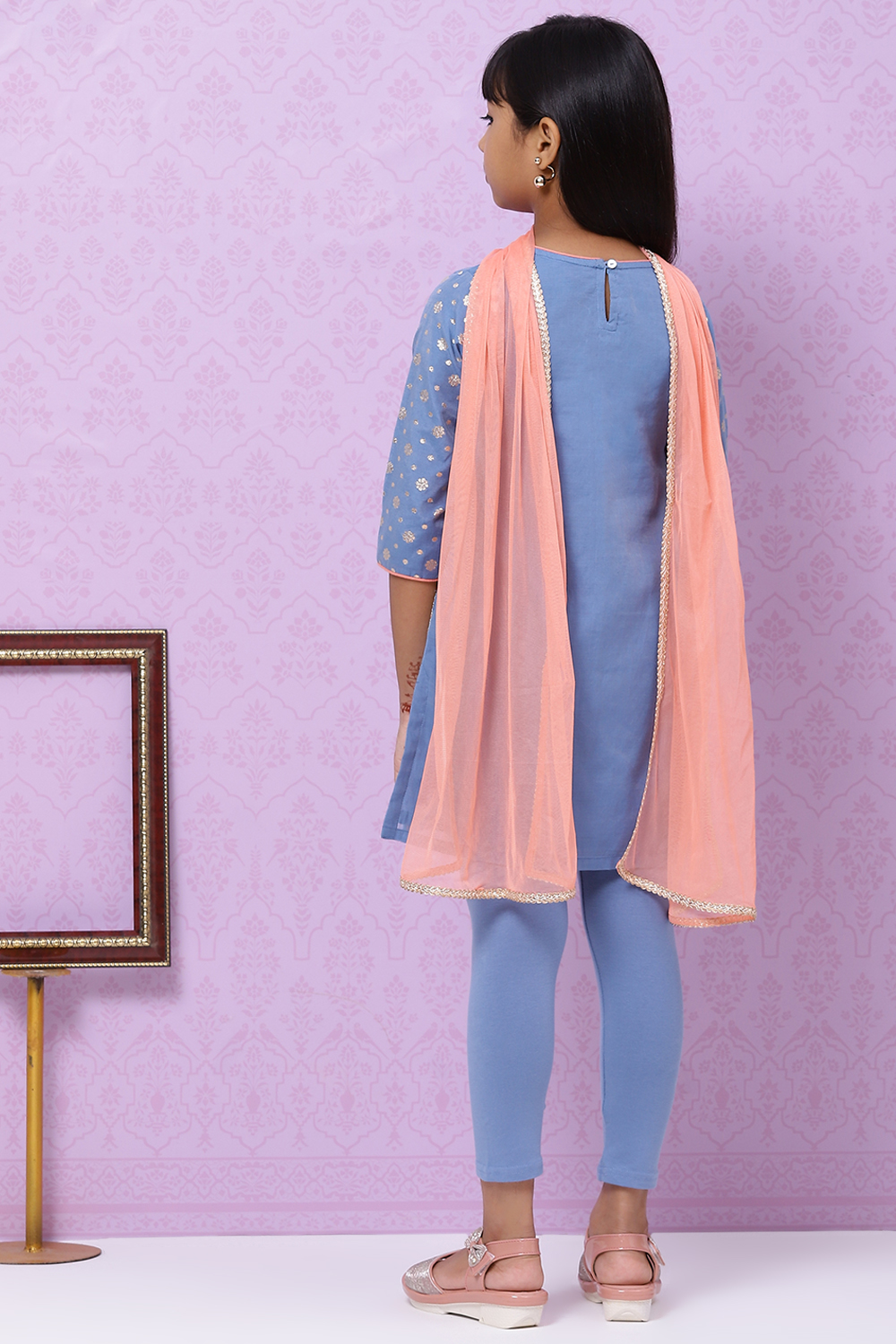 Blue Poly Metallic Cotton Girls Straight Kurta Legging Suit Set image number 7