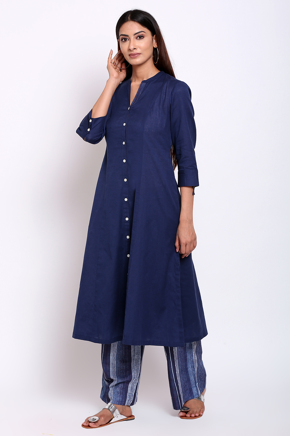 Navy Blue Cotton Flax A-Line Kurta Palazzo Suit Set image number 2