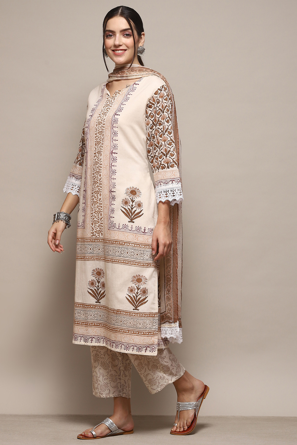 Beige Cotton Machine Embroidered Unstitched Suit Set image number 5