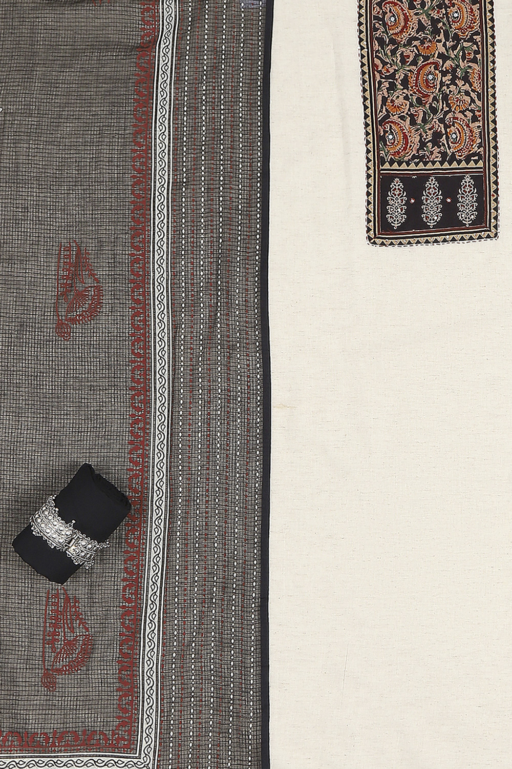 Off-White-Red Flex Hand Block Print Unstitched Suit Set image number 1