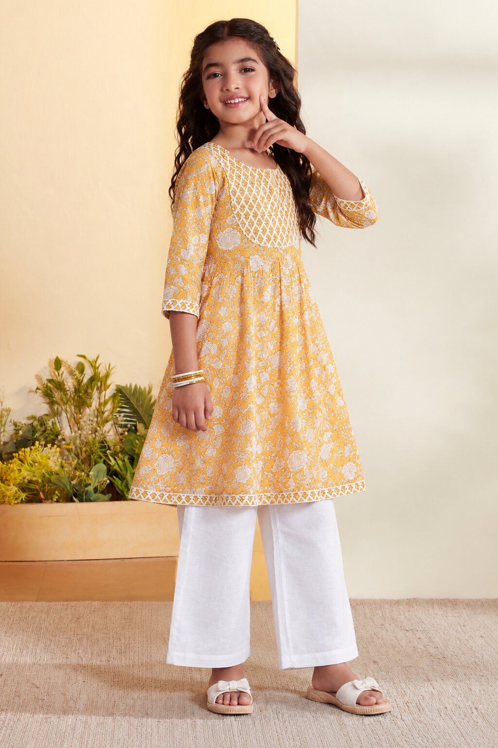Mustard Cotton Floral Kalidar Kurta and Palazzo Set image number 3
