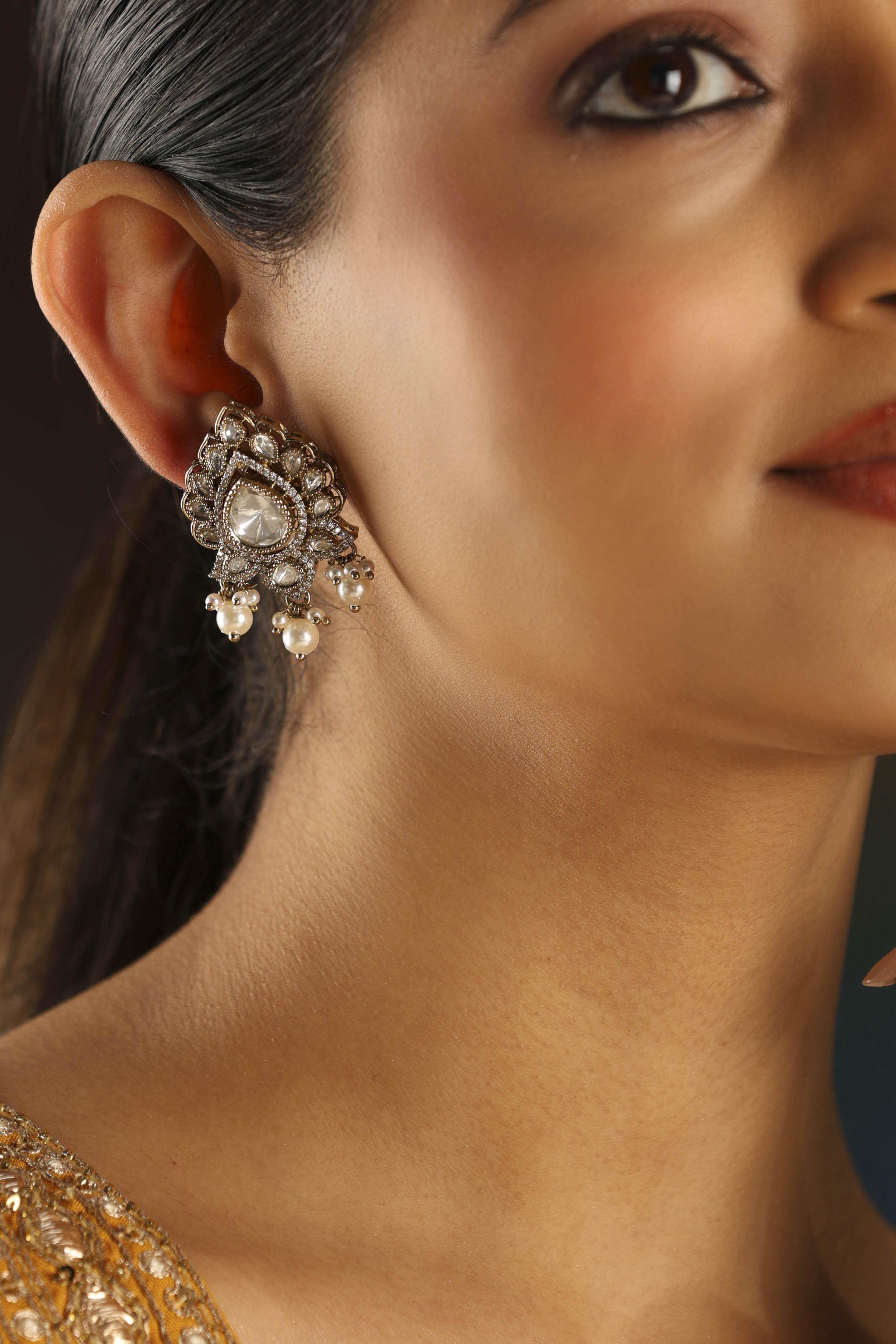 Silver Toned Gold Plated Brass Studded Drop Earrings image number 1