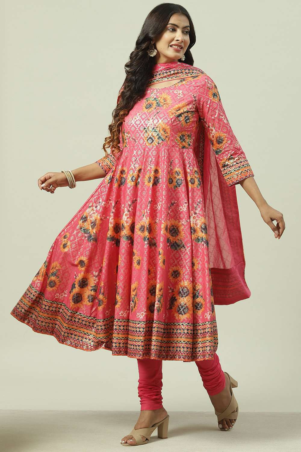 Fuchsia Cotton Anarkali Kurta Churidar Suit Set image number 5