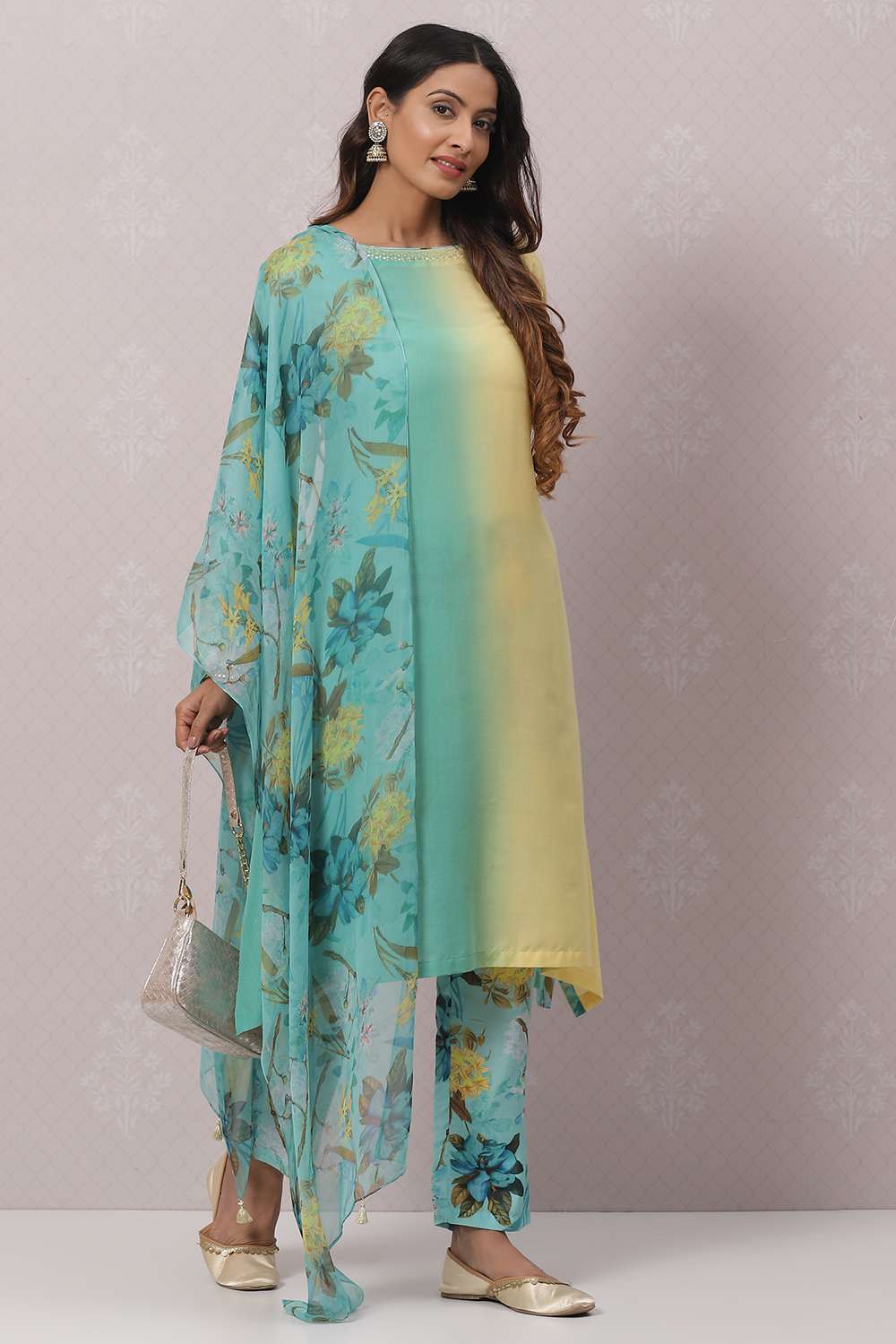 Sea Green And Pale Yellow Poly Viscose Asymmetric Kurta Pant Suit Set image number 7