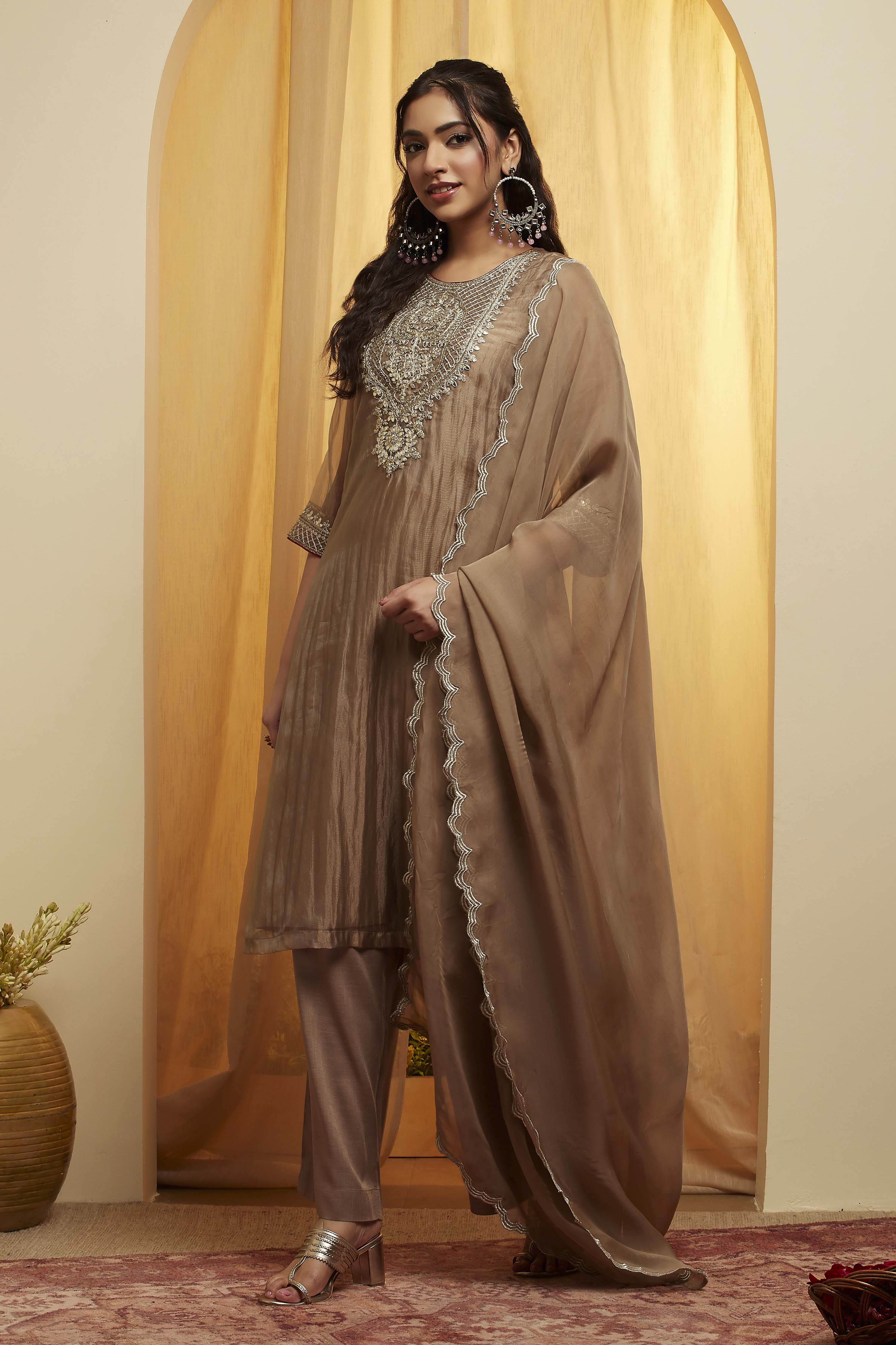 Grey Viscose Metallic Straight Suit Set image number 0