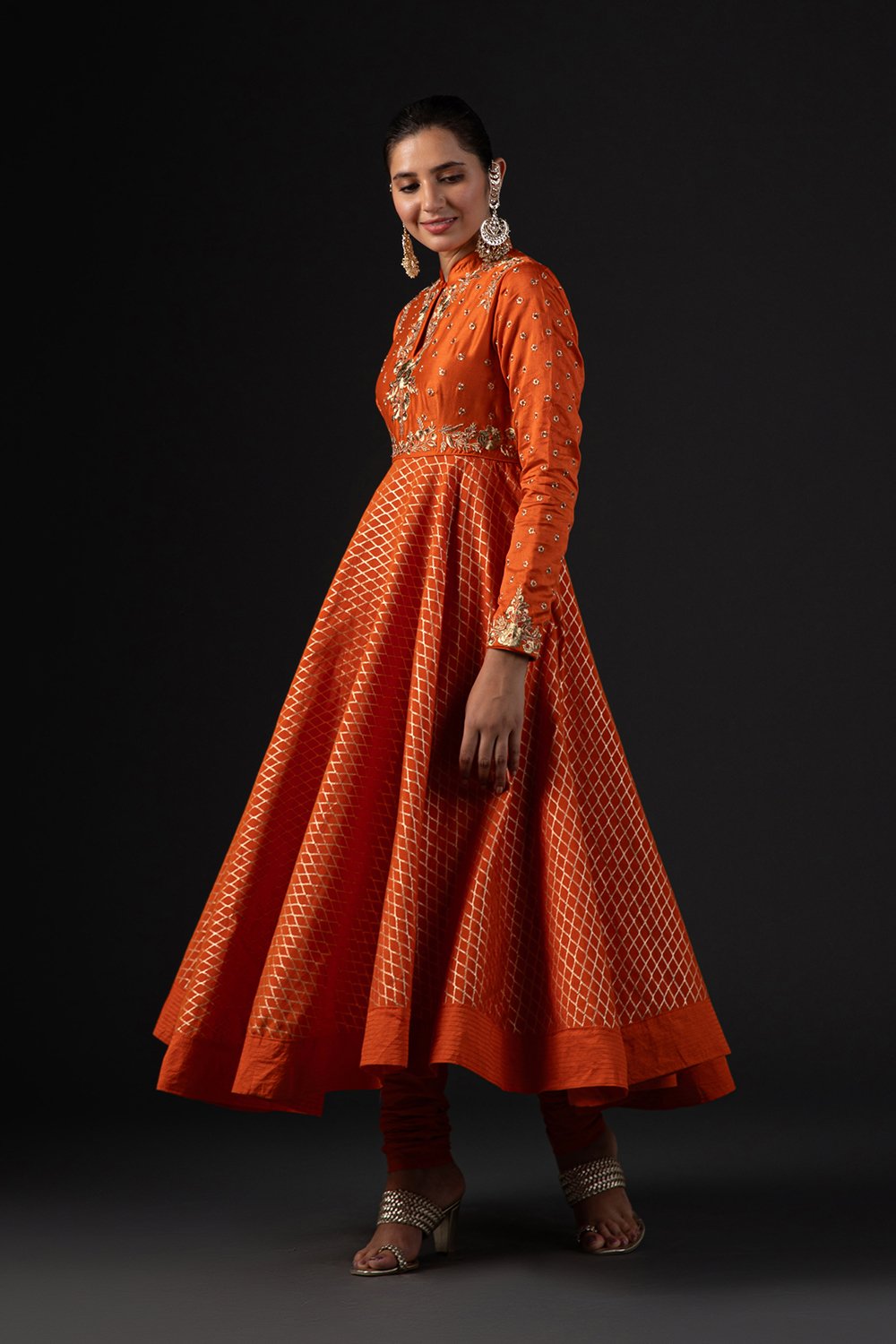 Rohit Bal Orange Cotton Silk Anarkali Printed Suit Set image number 4