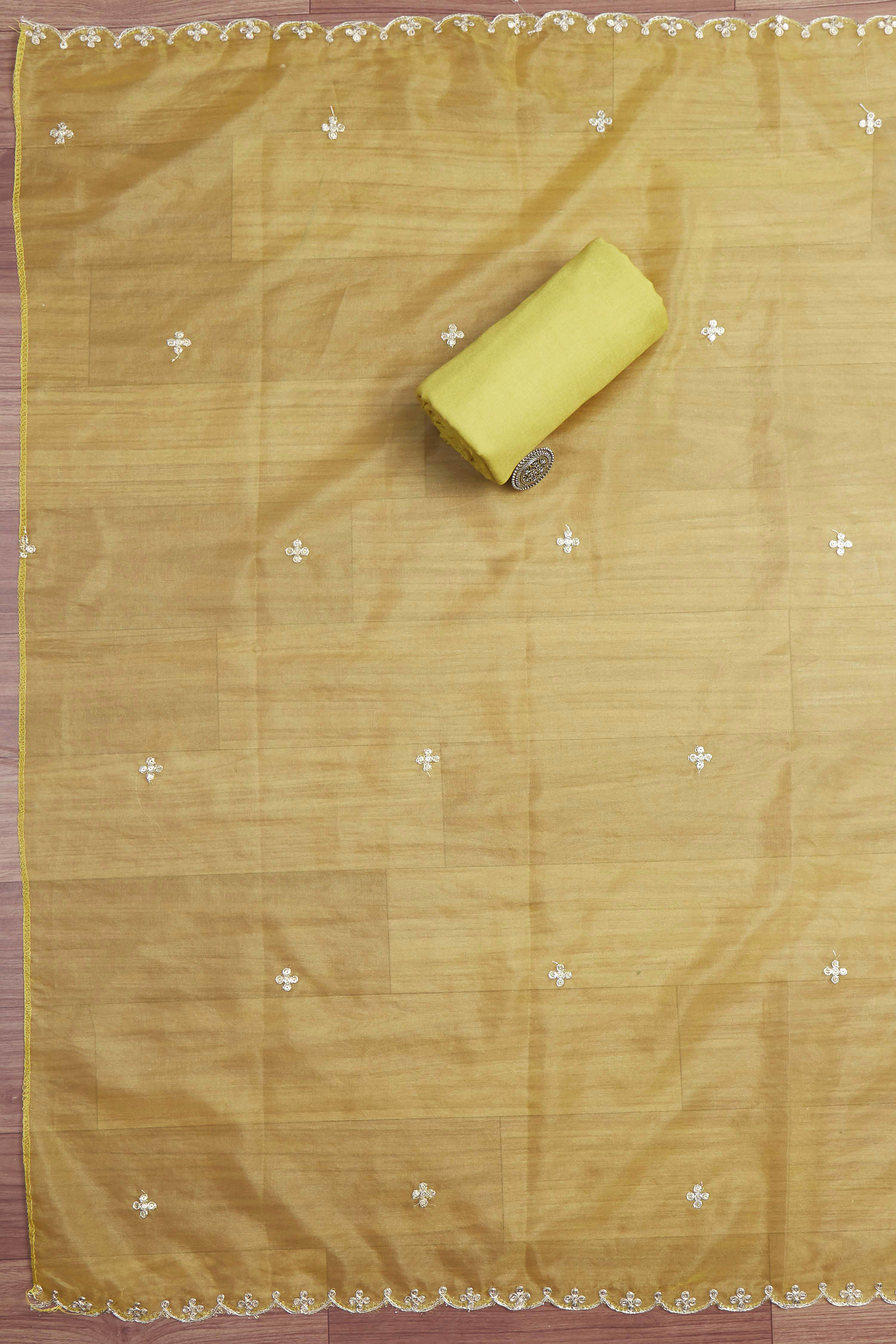 Peach-Colored Organza Rajasthani Print Unstitched Suit Set image number 3