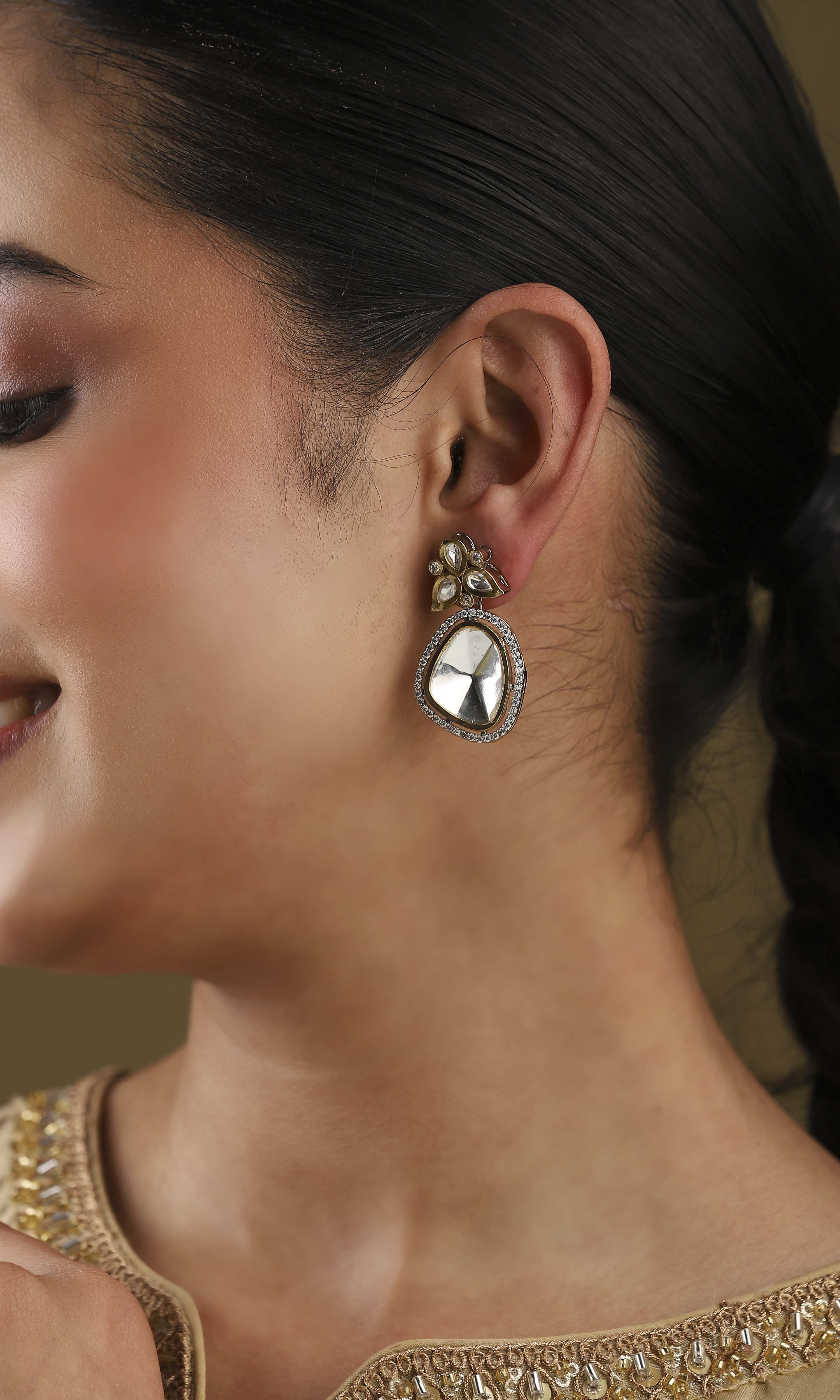 White Silver Plated Brass Stone Studded Drop Earrings image number 1