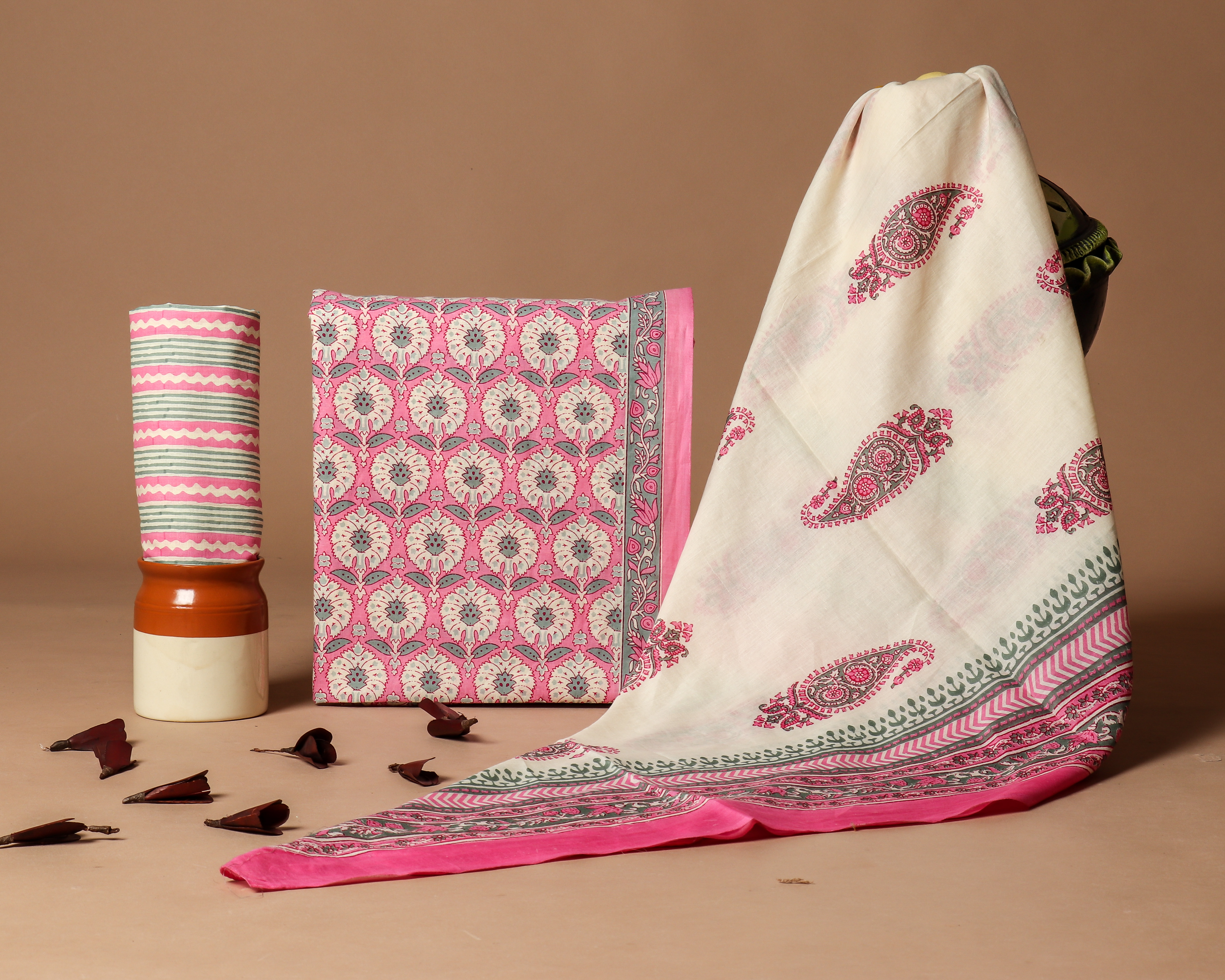 Pink Cotton Screen Print Unstitched Suit Set image number 1