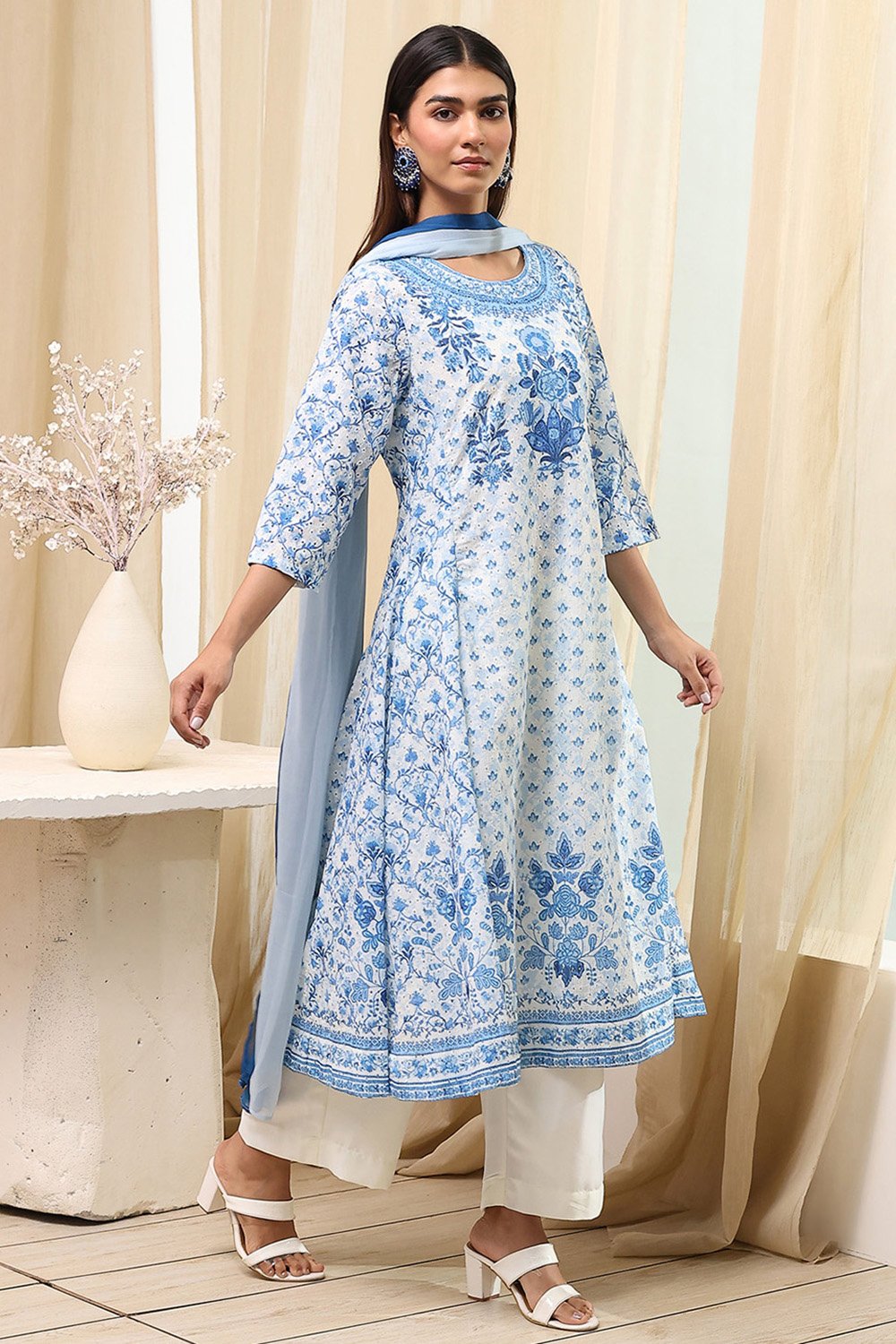 Off-White and Blue Cotton Floral Kalidar Suit Set image number 5