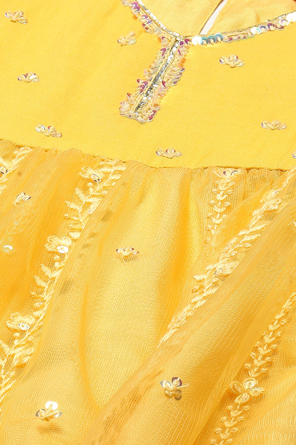 Yellow Nylon Gathered Embroidery Kurta Palazzo Suit Set image number 1