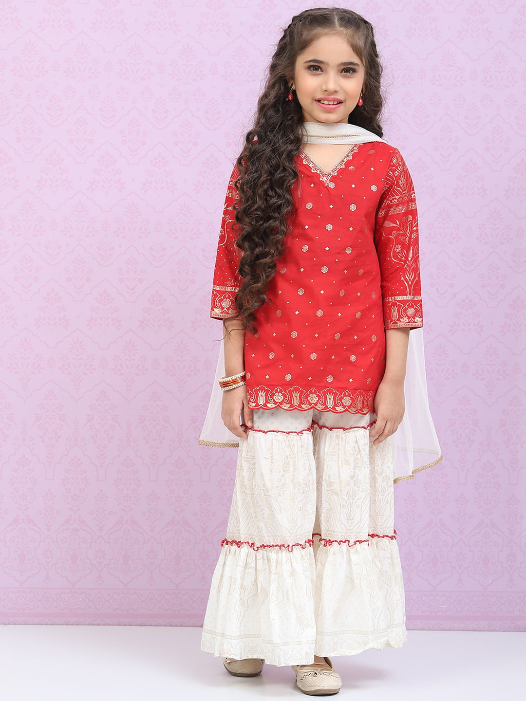 White & Red Cotton Straight Kurta Sharara Suit Set image number 0