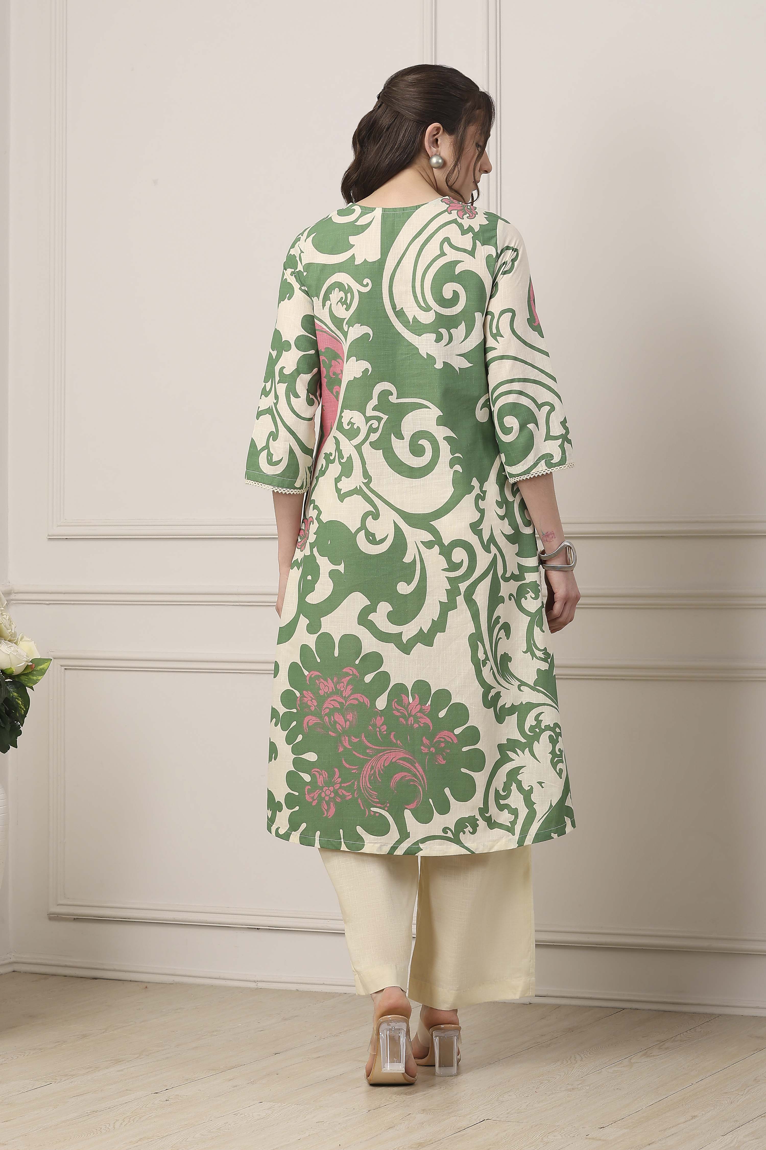 Green Cotton Straight Suit Set image number 4