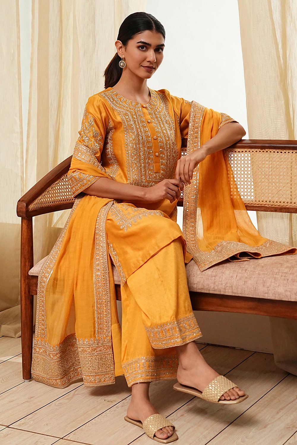 Ochre Yellow Cotton Silk Straight Suit Set image number 7