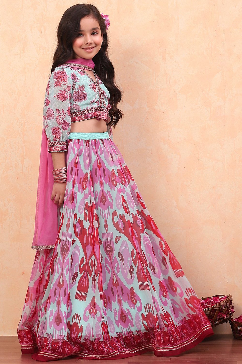 Turquoise Polyester Blend Blouse Lehenga Set image number 5