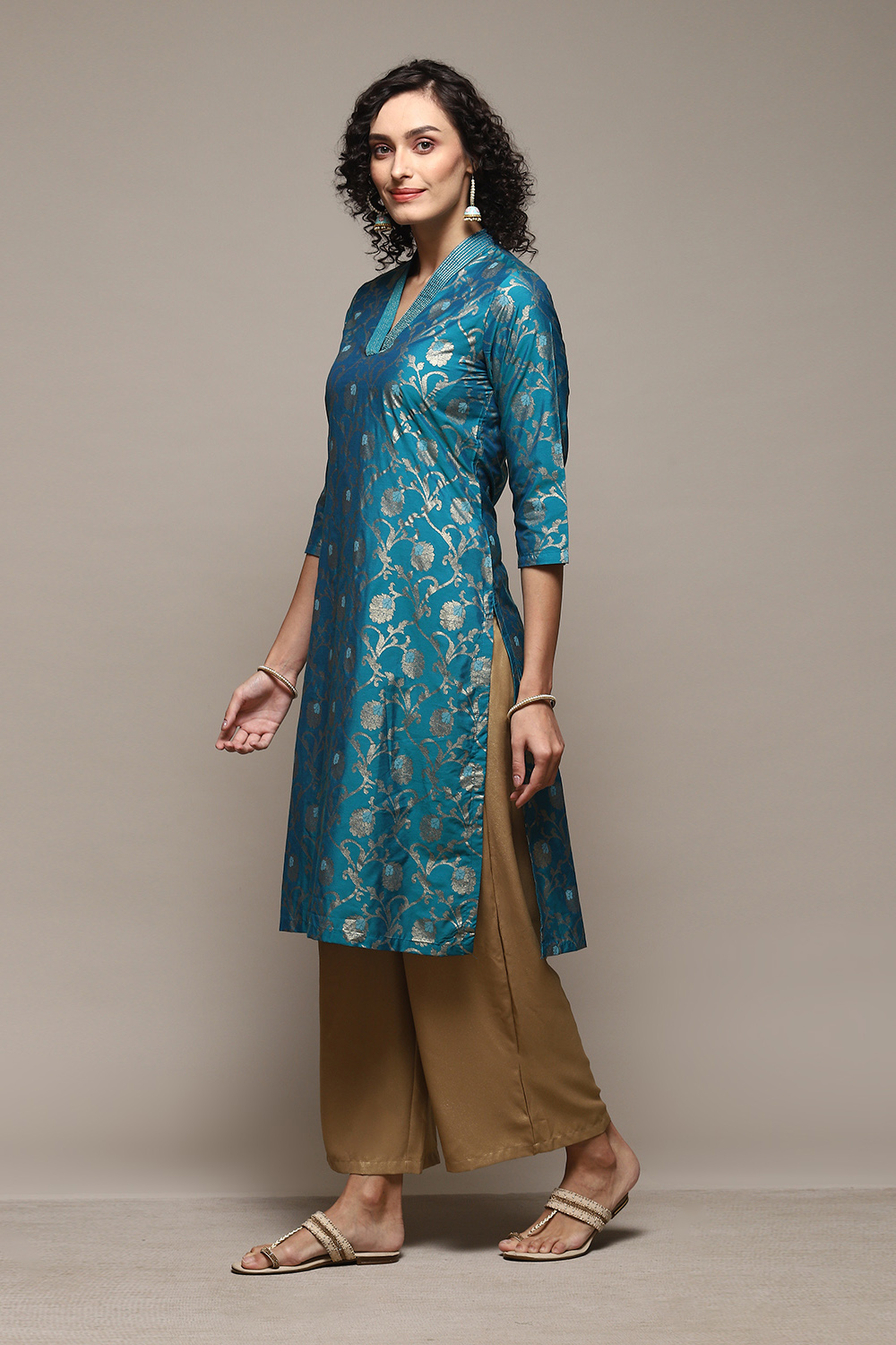 Teal Poly Viscose Straight Printed Kurta image number 2