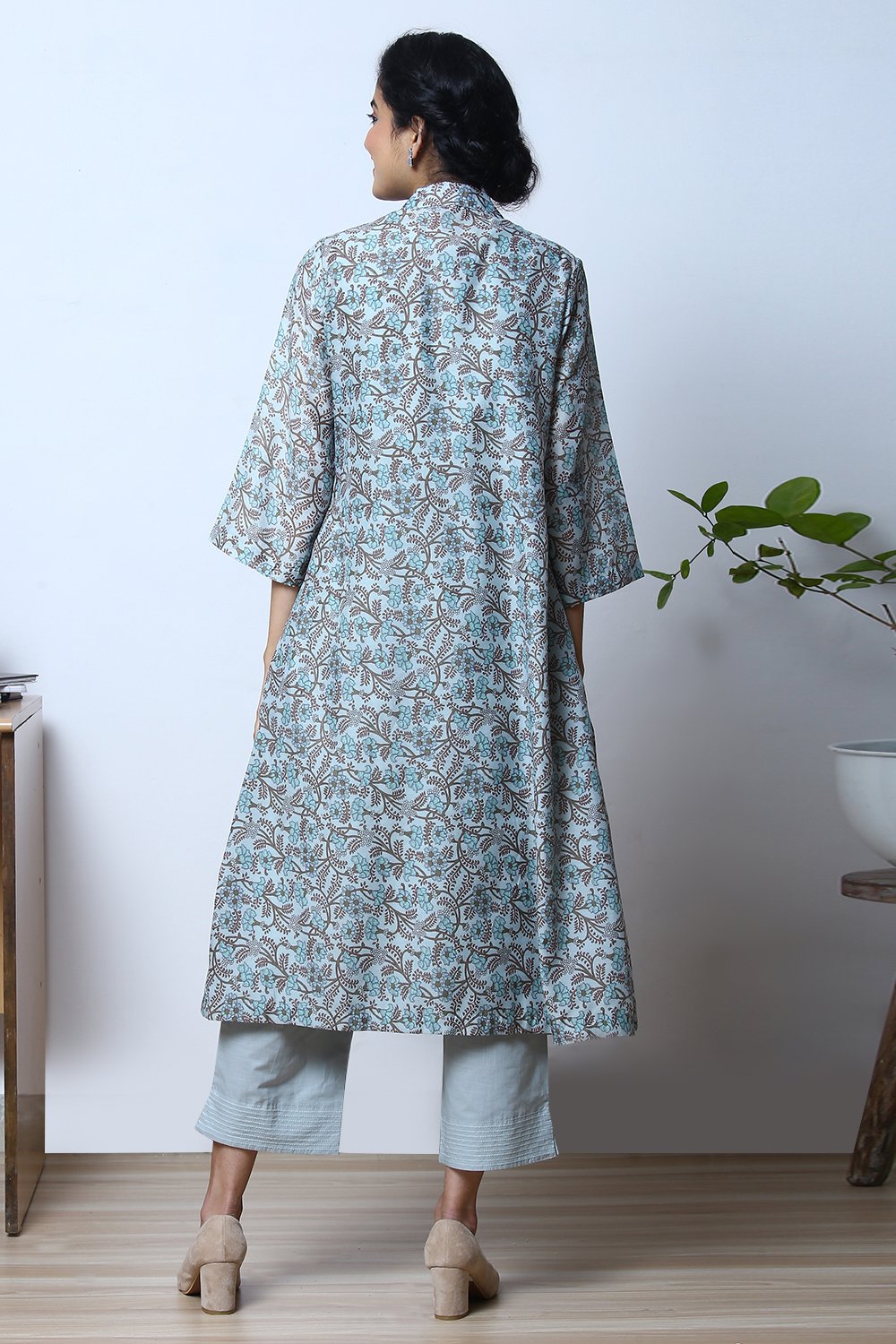 Smoke Blue Art Silk Fusion Kurta Relaxed Pant Suit Set image number 9