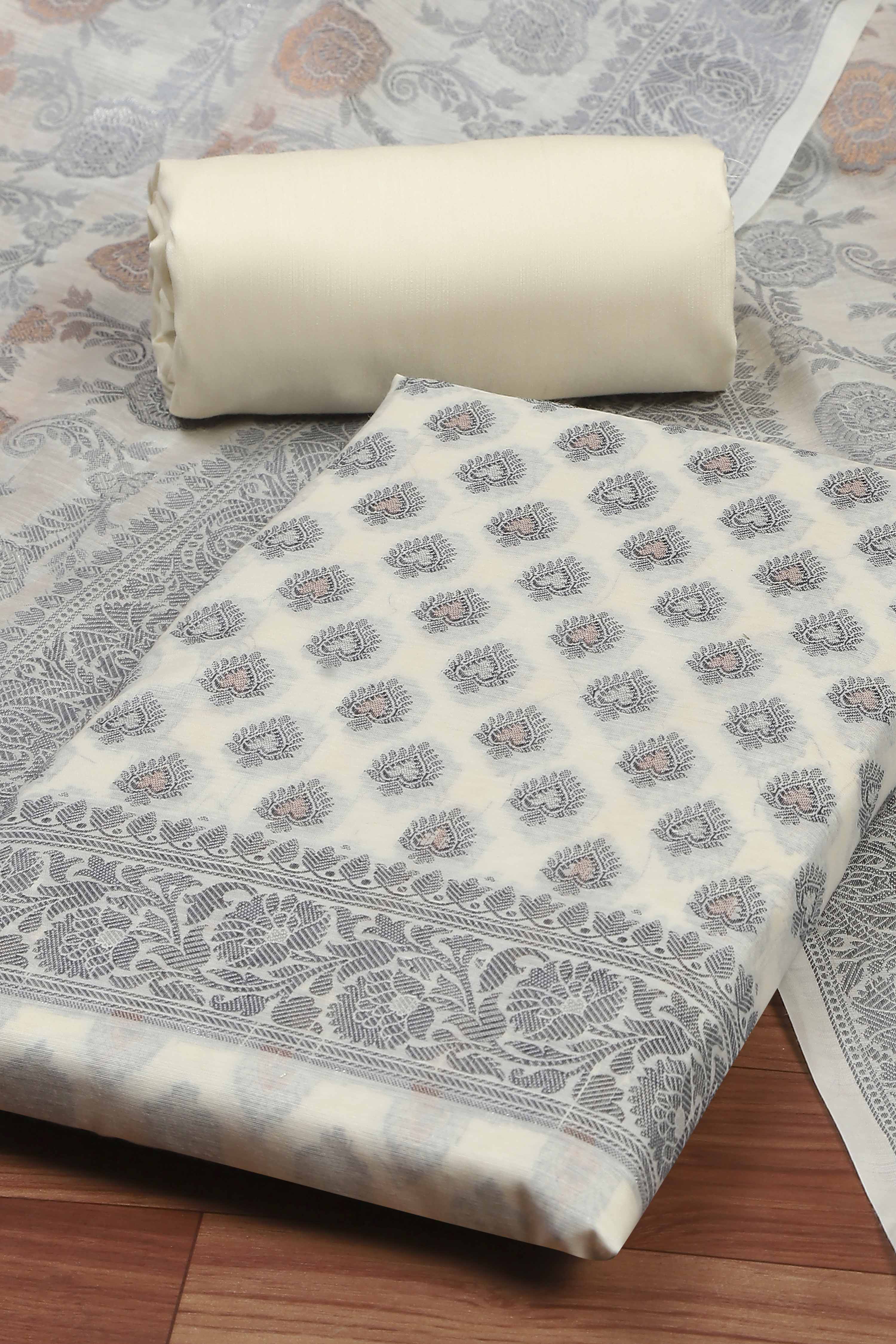 Beige Cotton Printed Embroidered Unstitched Suit Set image number 1