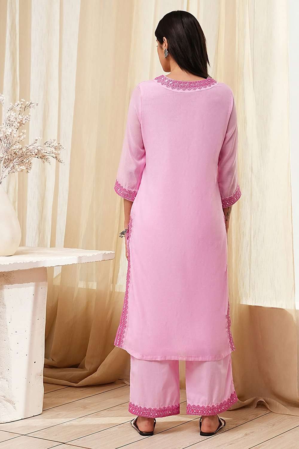 Pink Embroidered Straight Suit Set image number 4