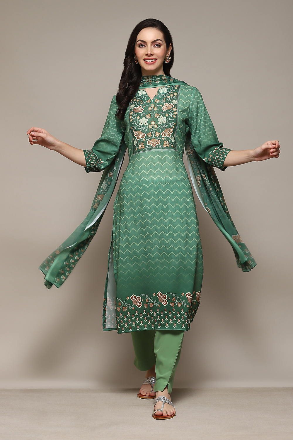 Green Cotton Blend Digital Print Unstitched Suit Set image number 1
